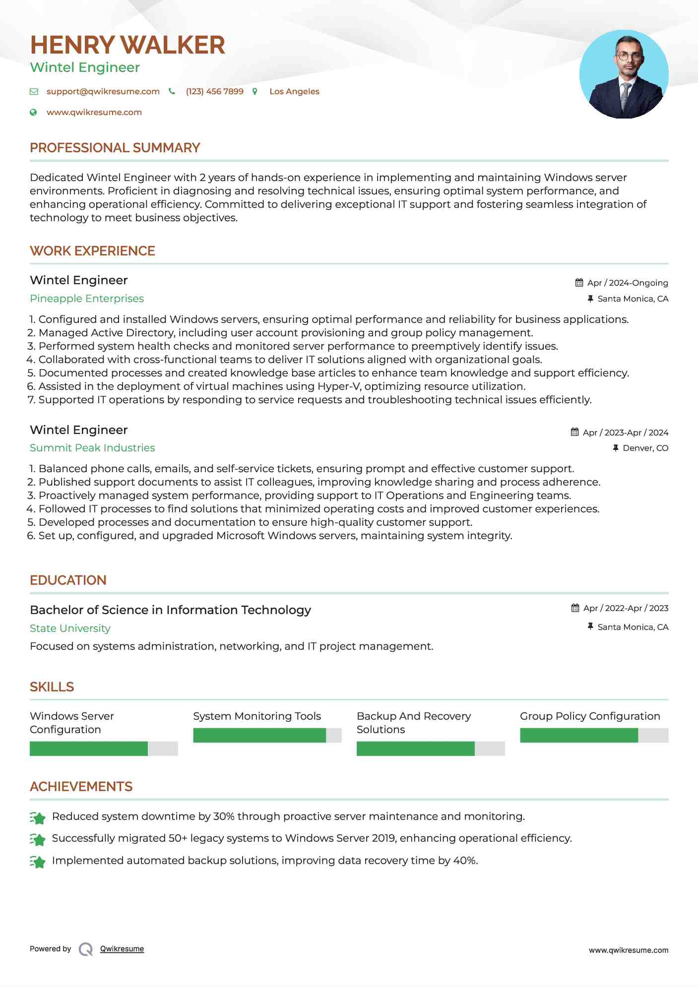 Wintel Engineer Resume Model