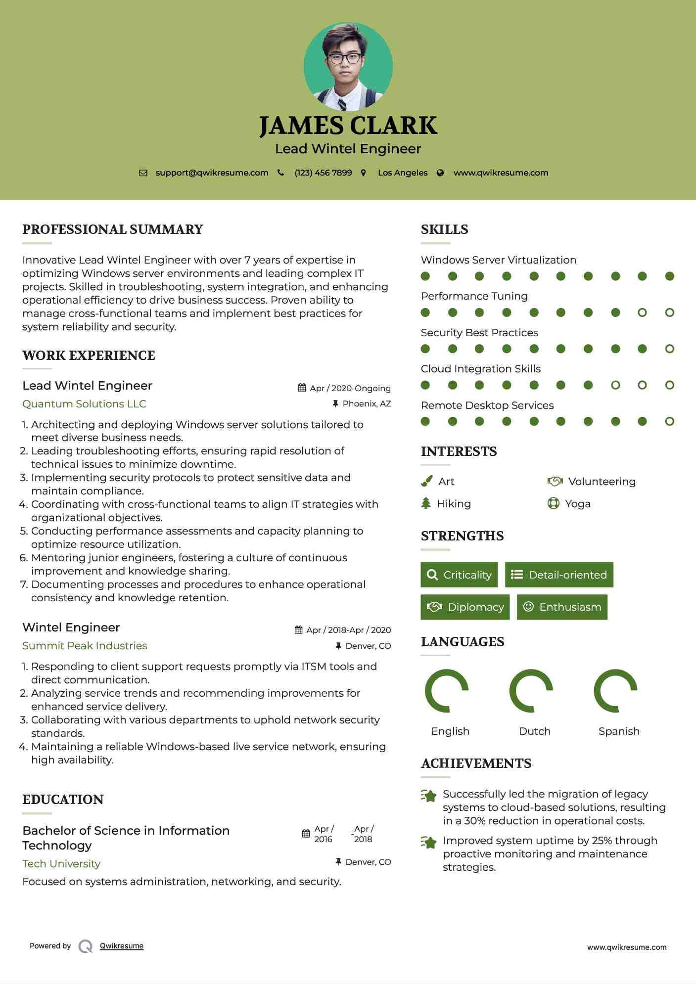 Lead Wintel Engineer Resume Format