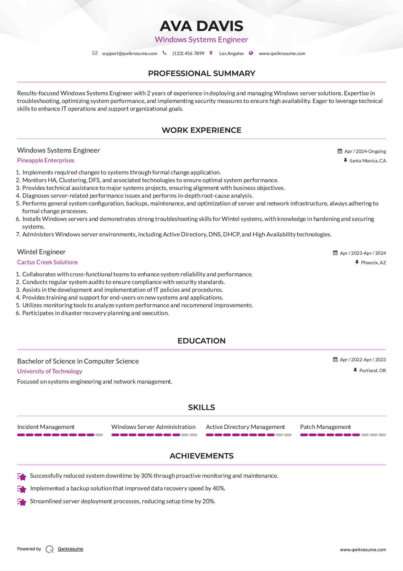 Windows Systems Engineer Resume Template