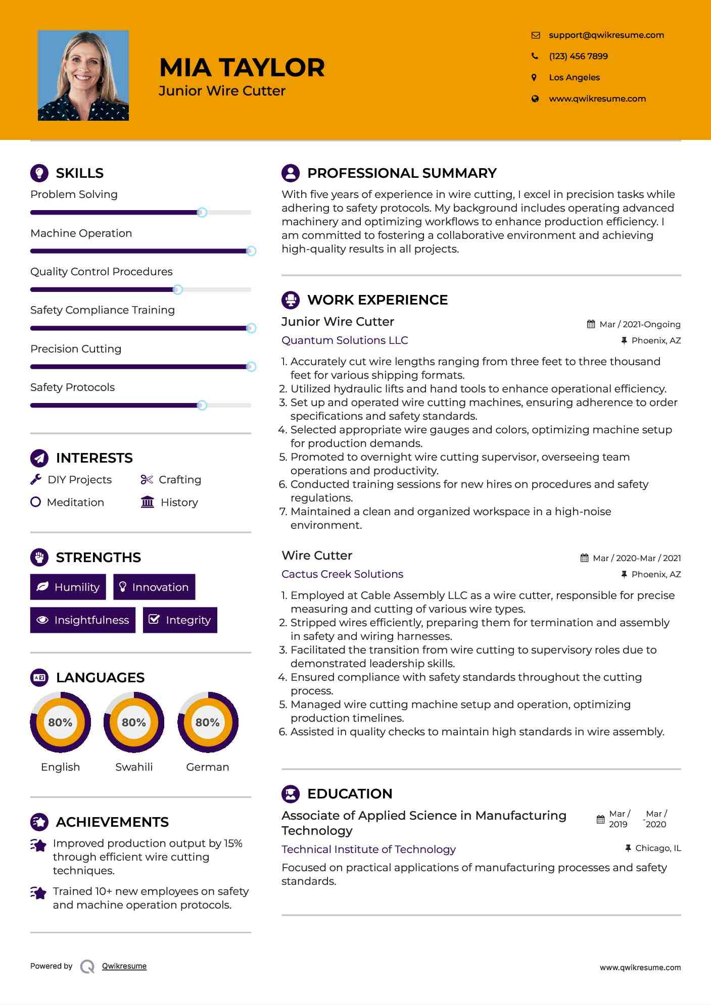 Junior Wire Cutter Resume Template
