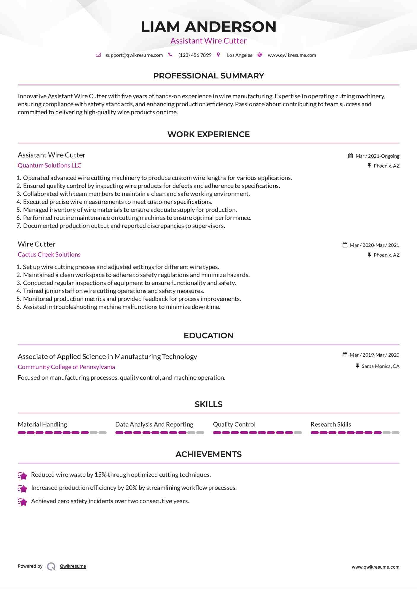 Assistant Wire Cutter Resume Format