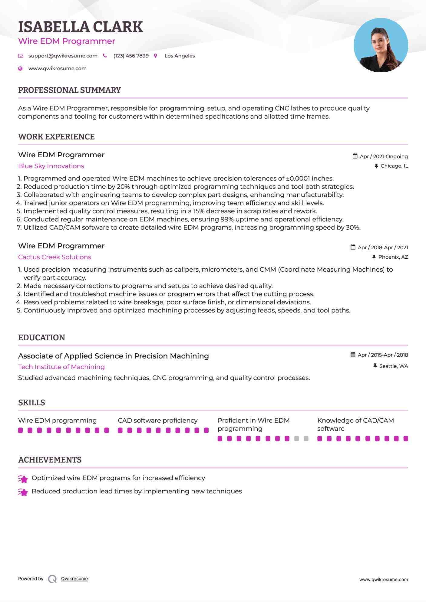 Wire EDM Programmer Resume Example