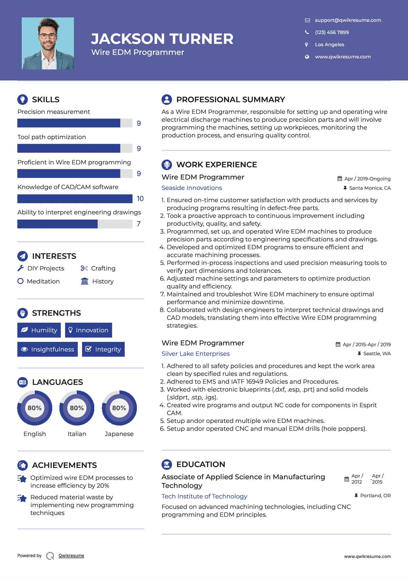 Wire EDM Programmer Resume Sample