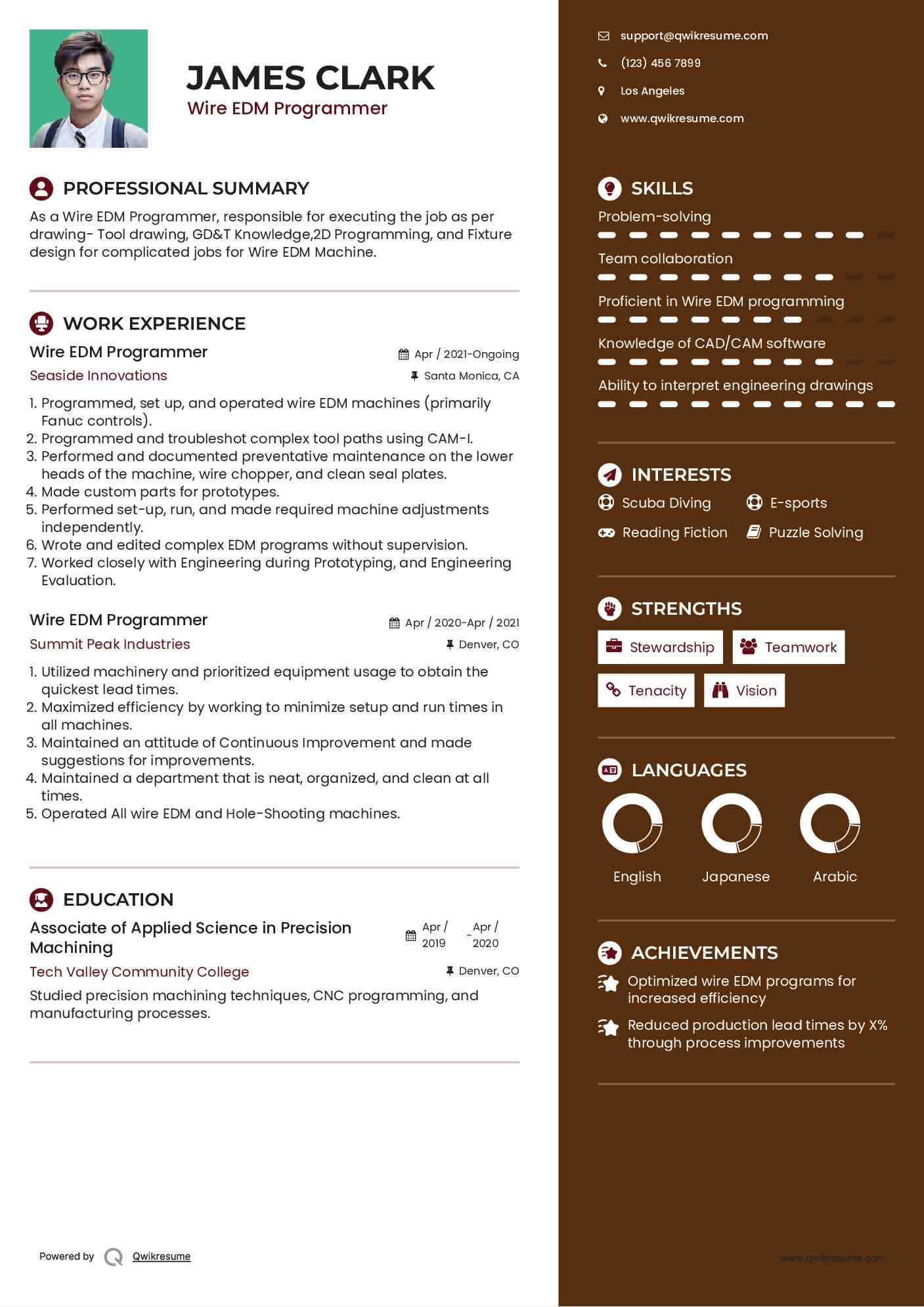 Wire EDM Programmer Resume Sample
