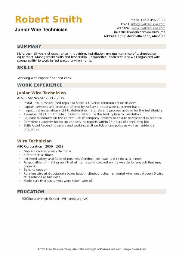 Wire Technician Resume Samples QwikResume