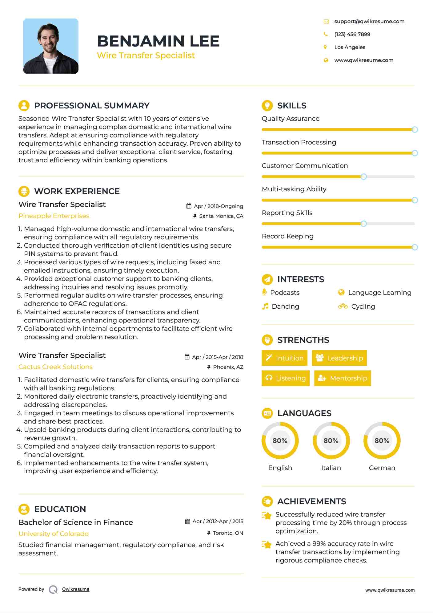 Wire Transfer Specialist Resume Example
