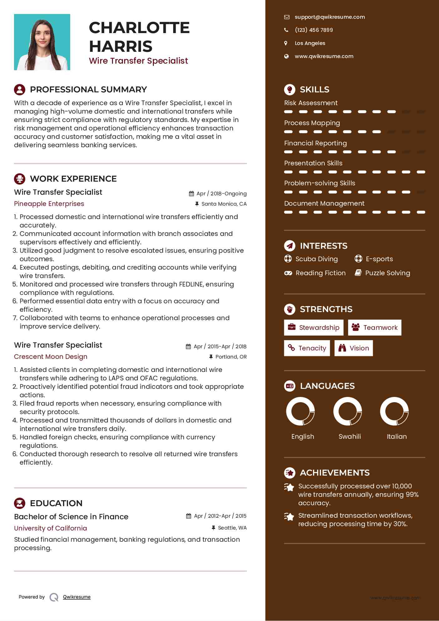 Wire Transfer Specialist Resume Model