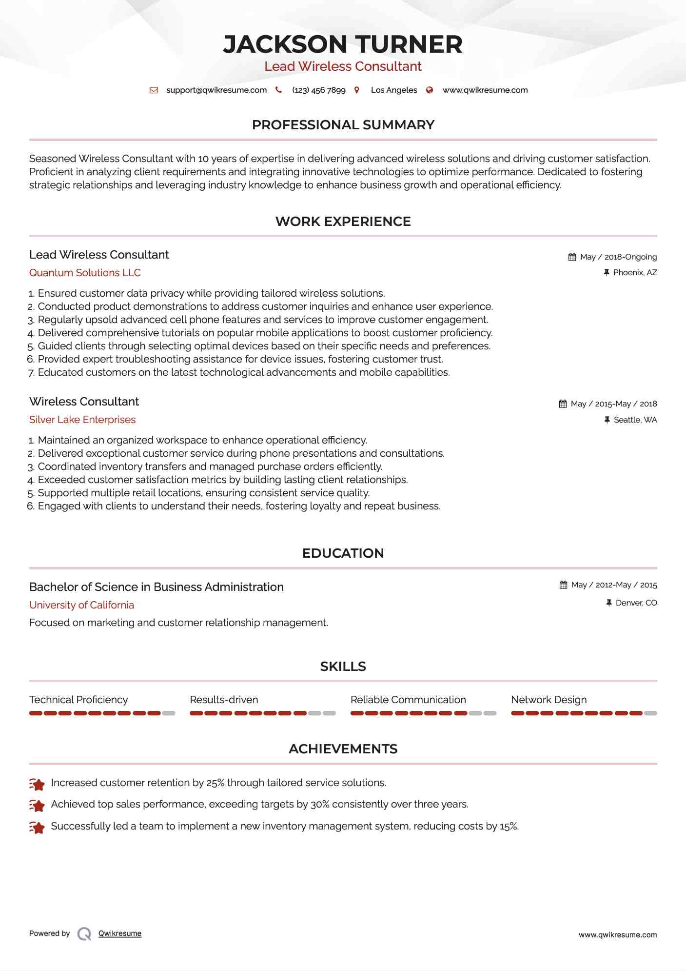 Lead Wireless Consultant  Resume Example