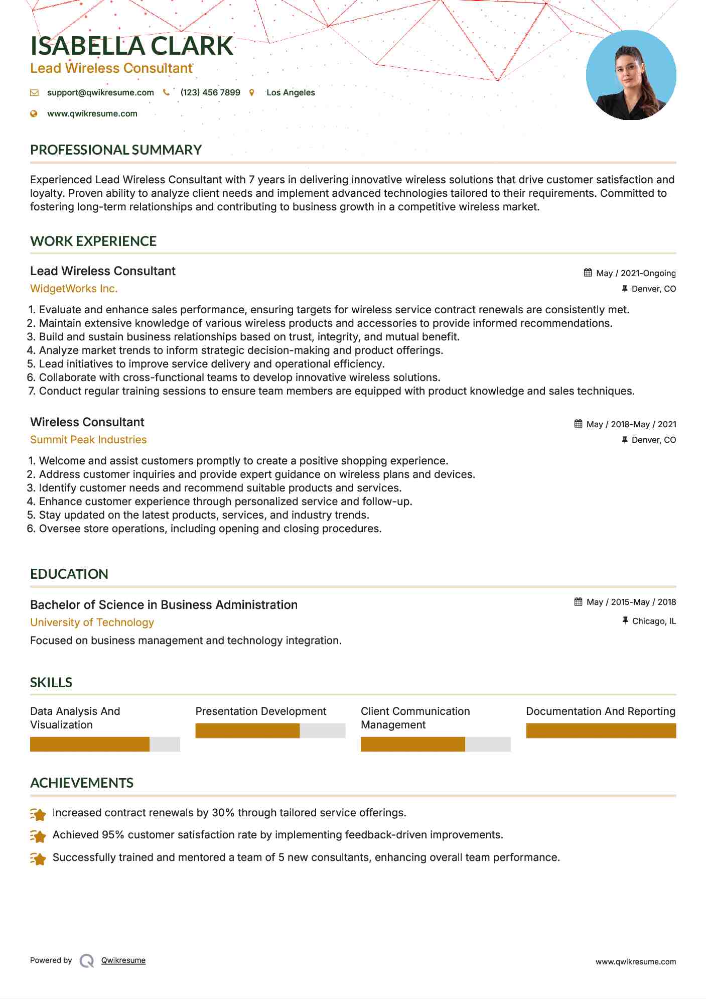 Lead Wireless Consultant  Resume Example