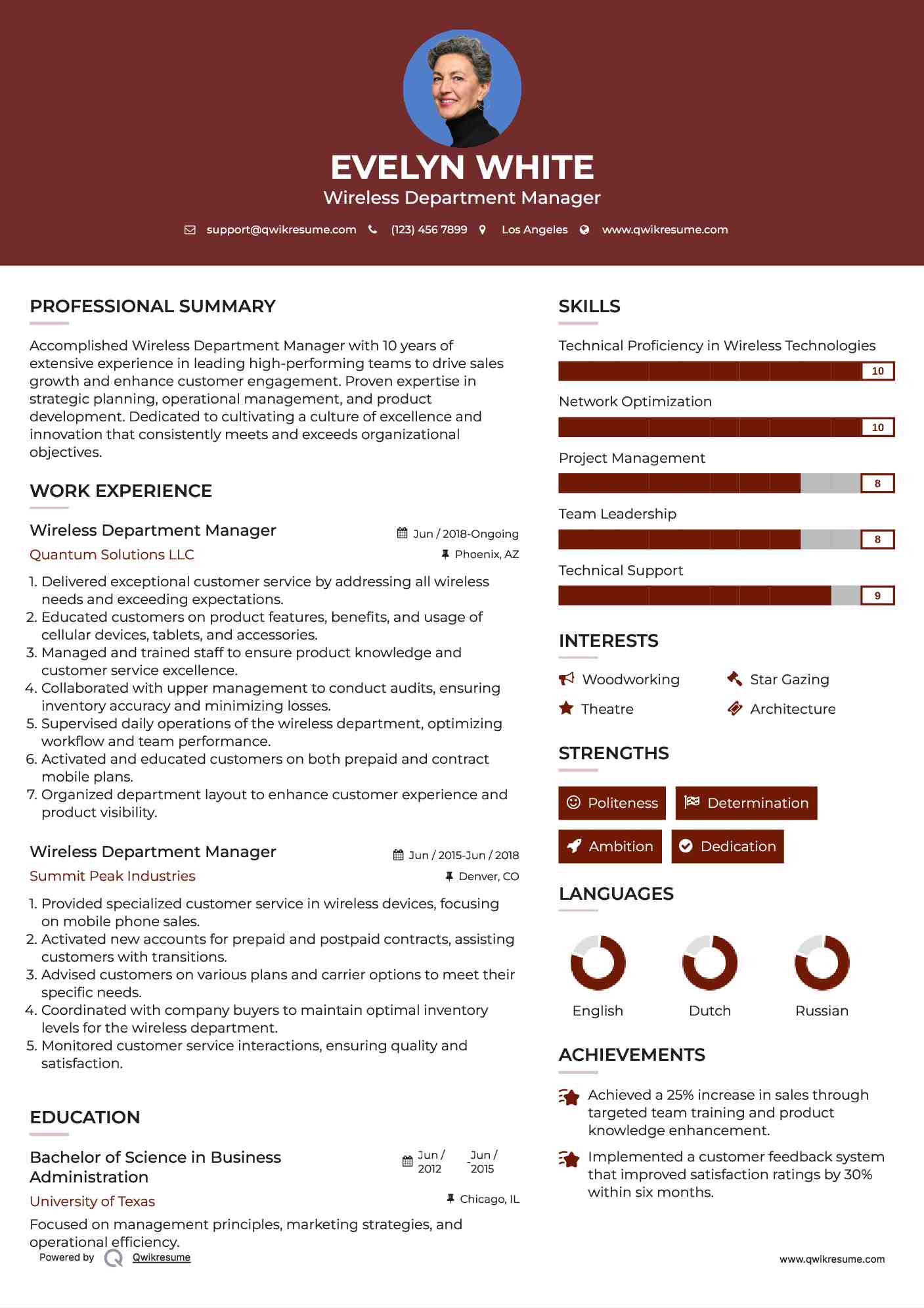 Wireless Department Manager Resume Sample