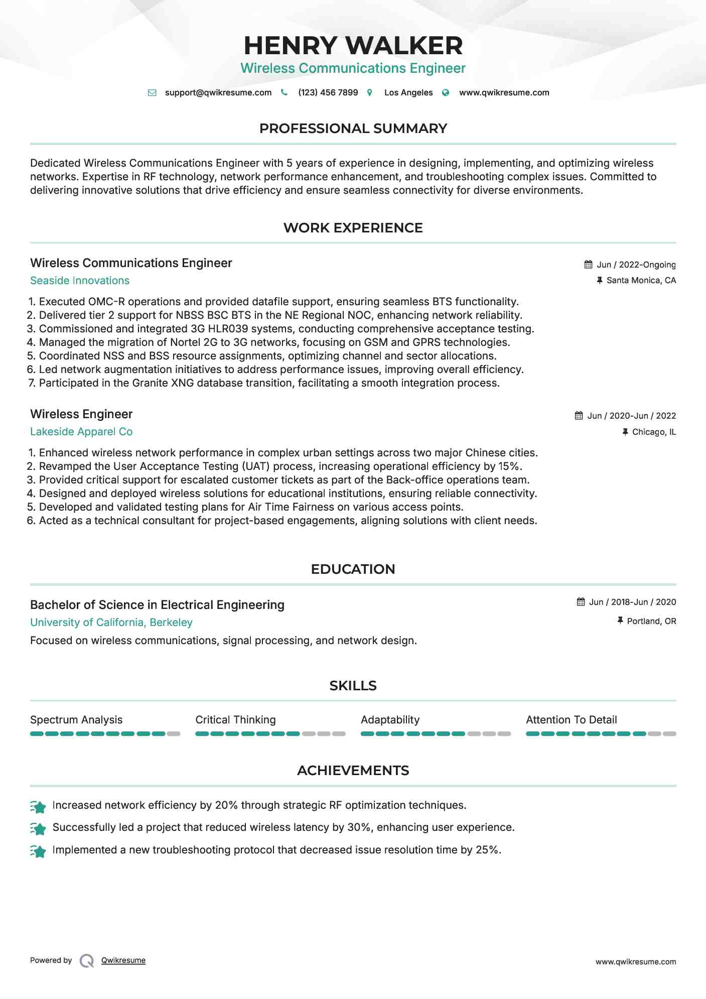 Wireless Engineer Resume Samples QwikResume