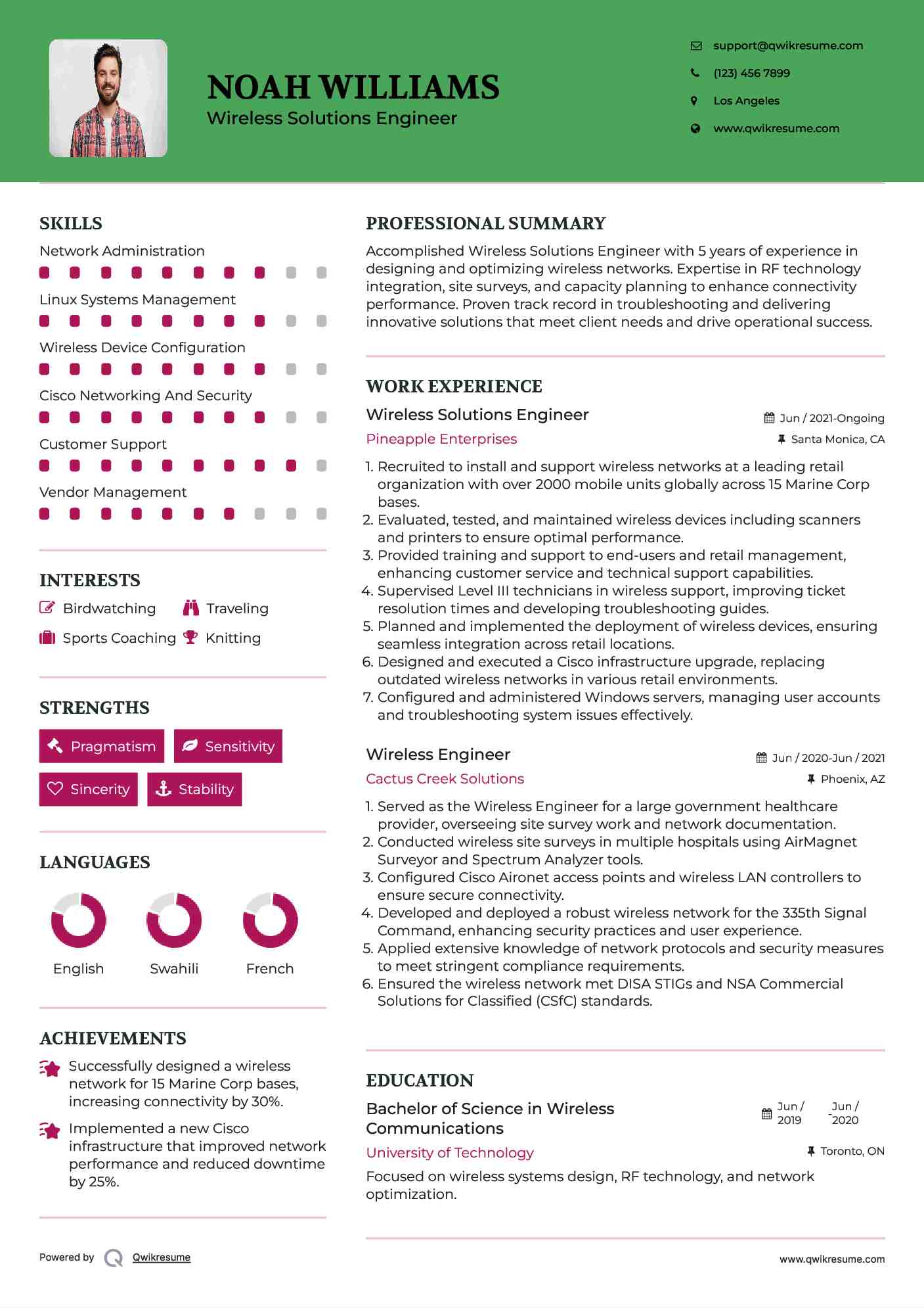 Wireless Solutions Engineer Resume Sample