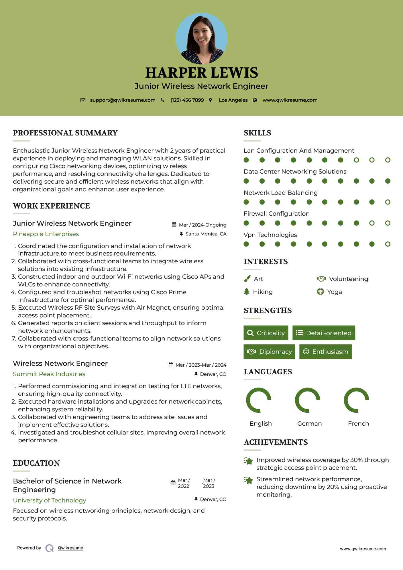 Junior Wireless Network Engineer Resume Sample