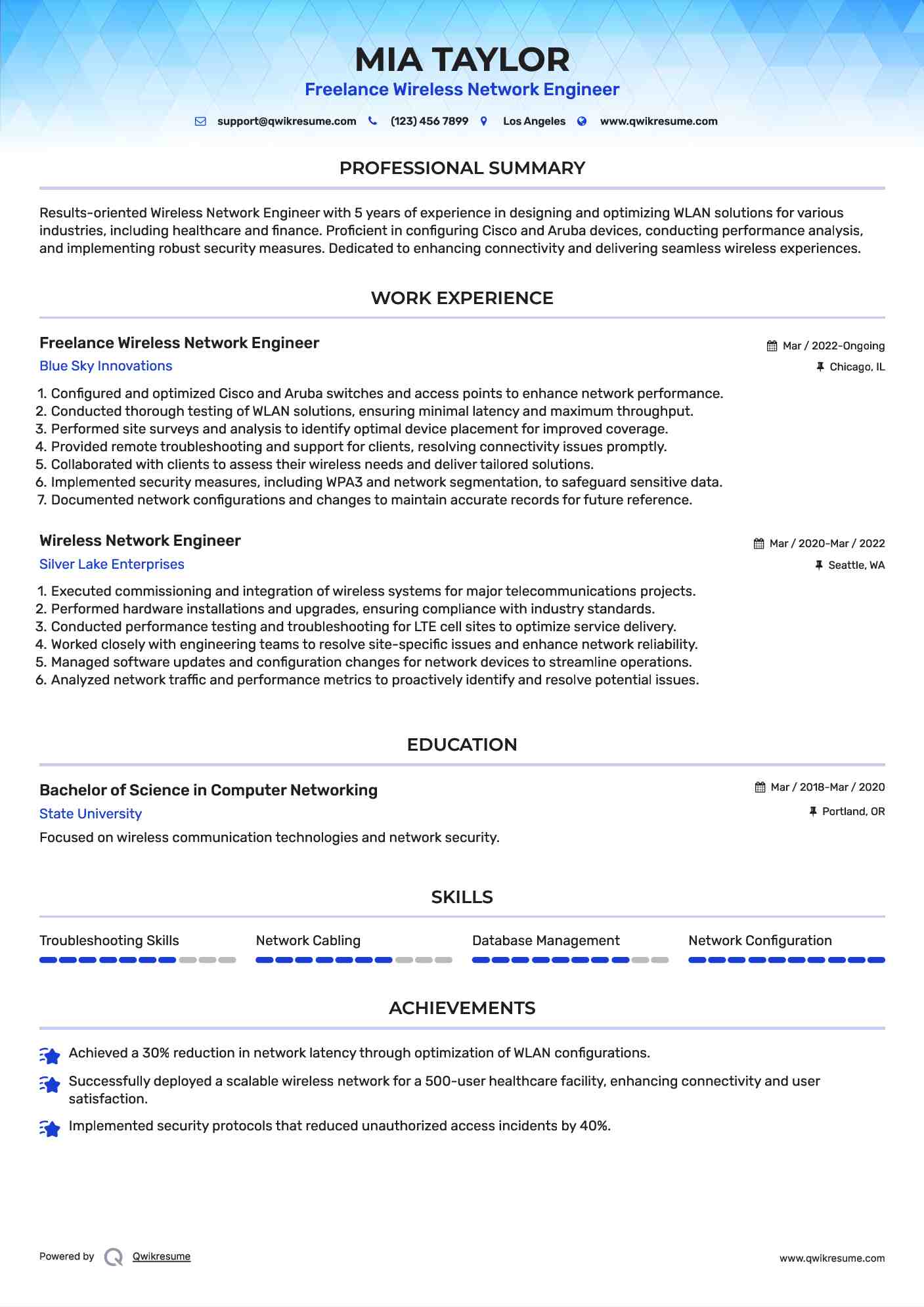 Freelance Wireless Network Engineer Resume Sample
