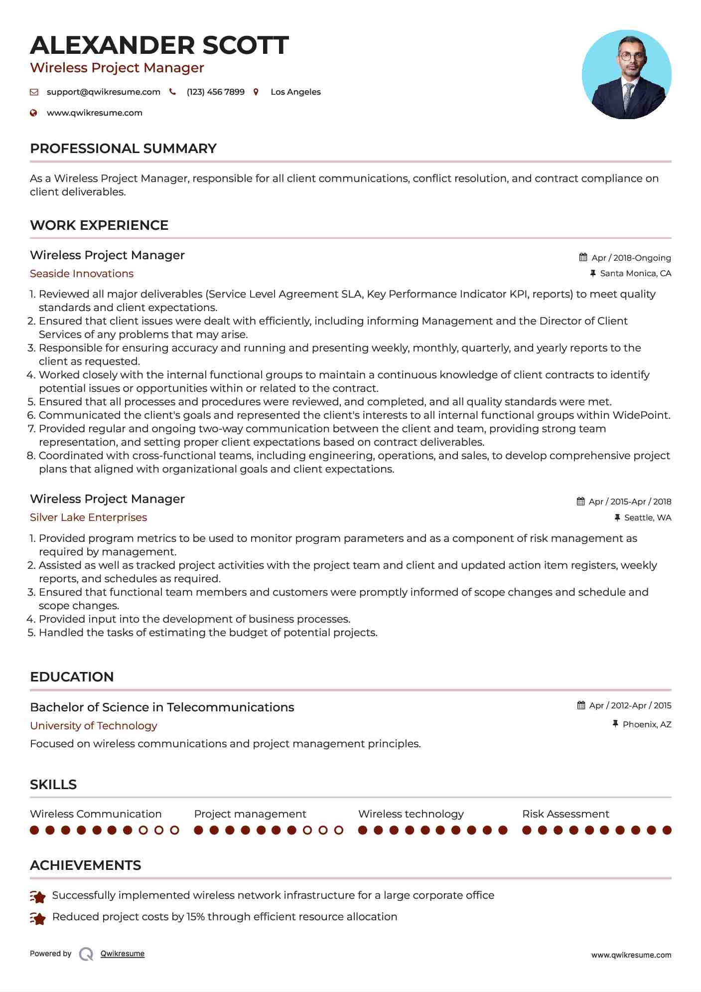 Wireless Project Manager Resume Format