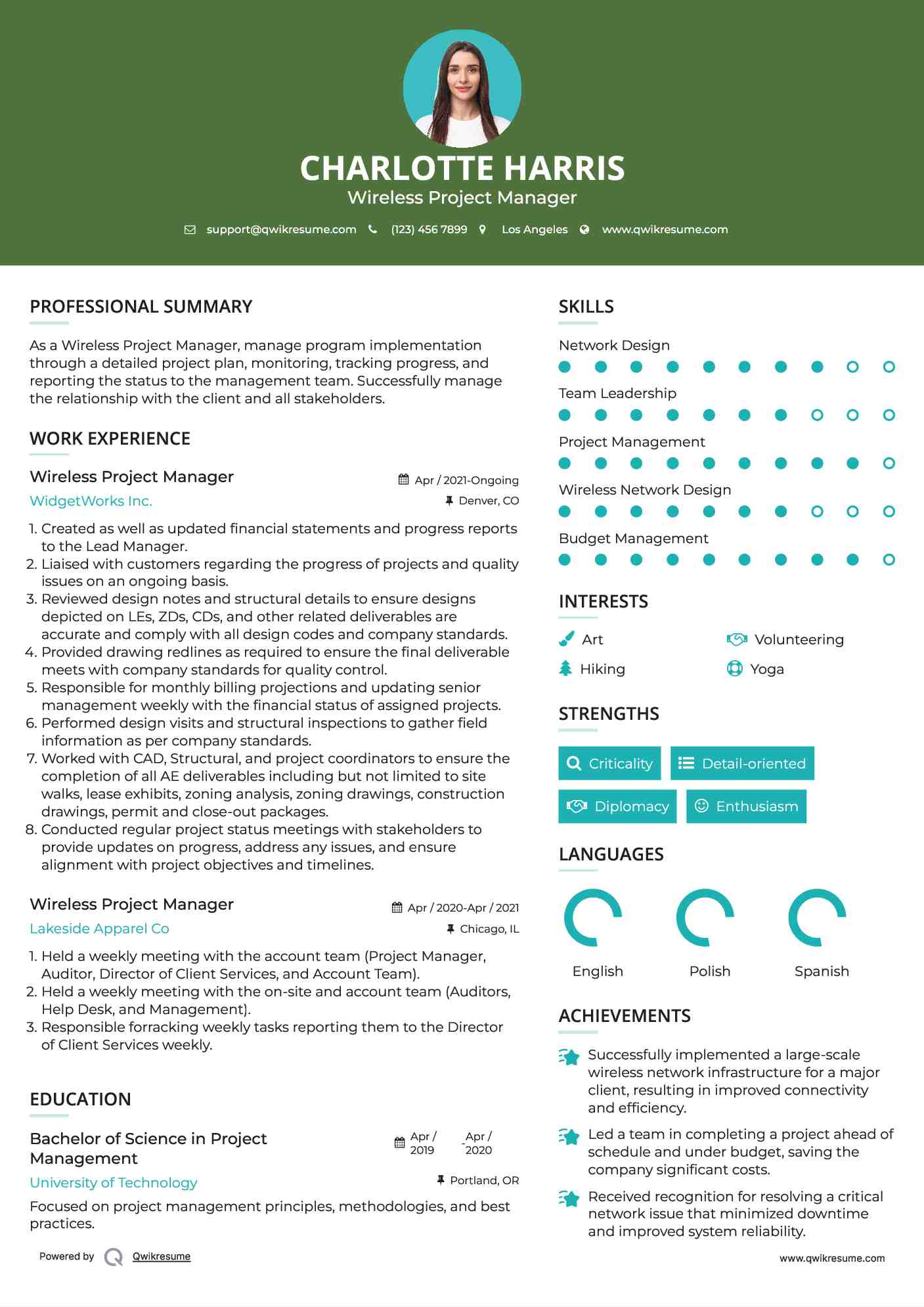 Wireless Project Manager Resume Model