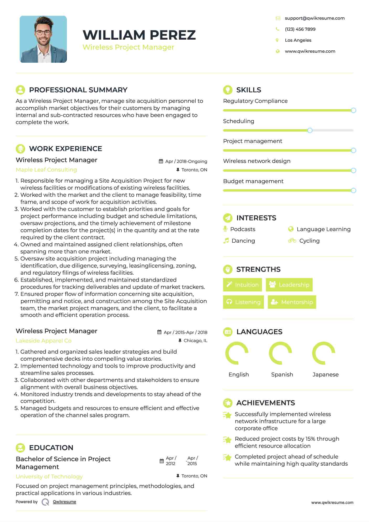 Wireless Project Manager Resume Example