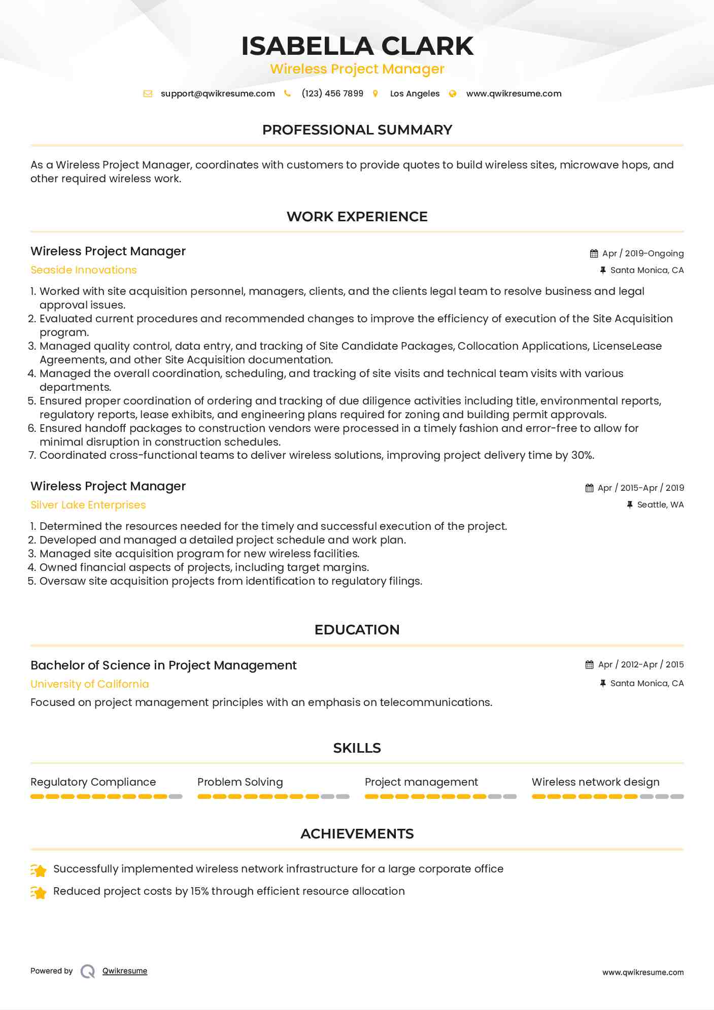 Wireless Project Manager Resume Format