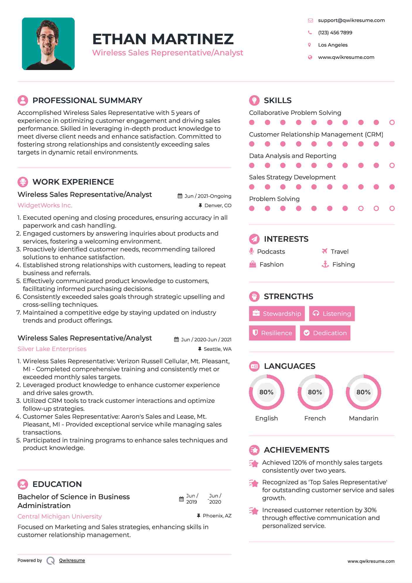 Wireless Sales Representative/Analyst Resume Model