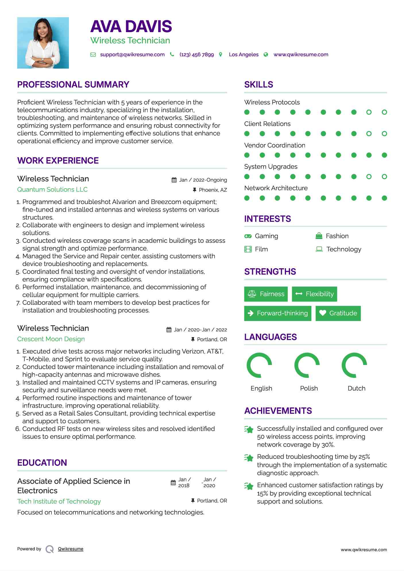 Wireless Technician Resume Example