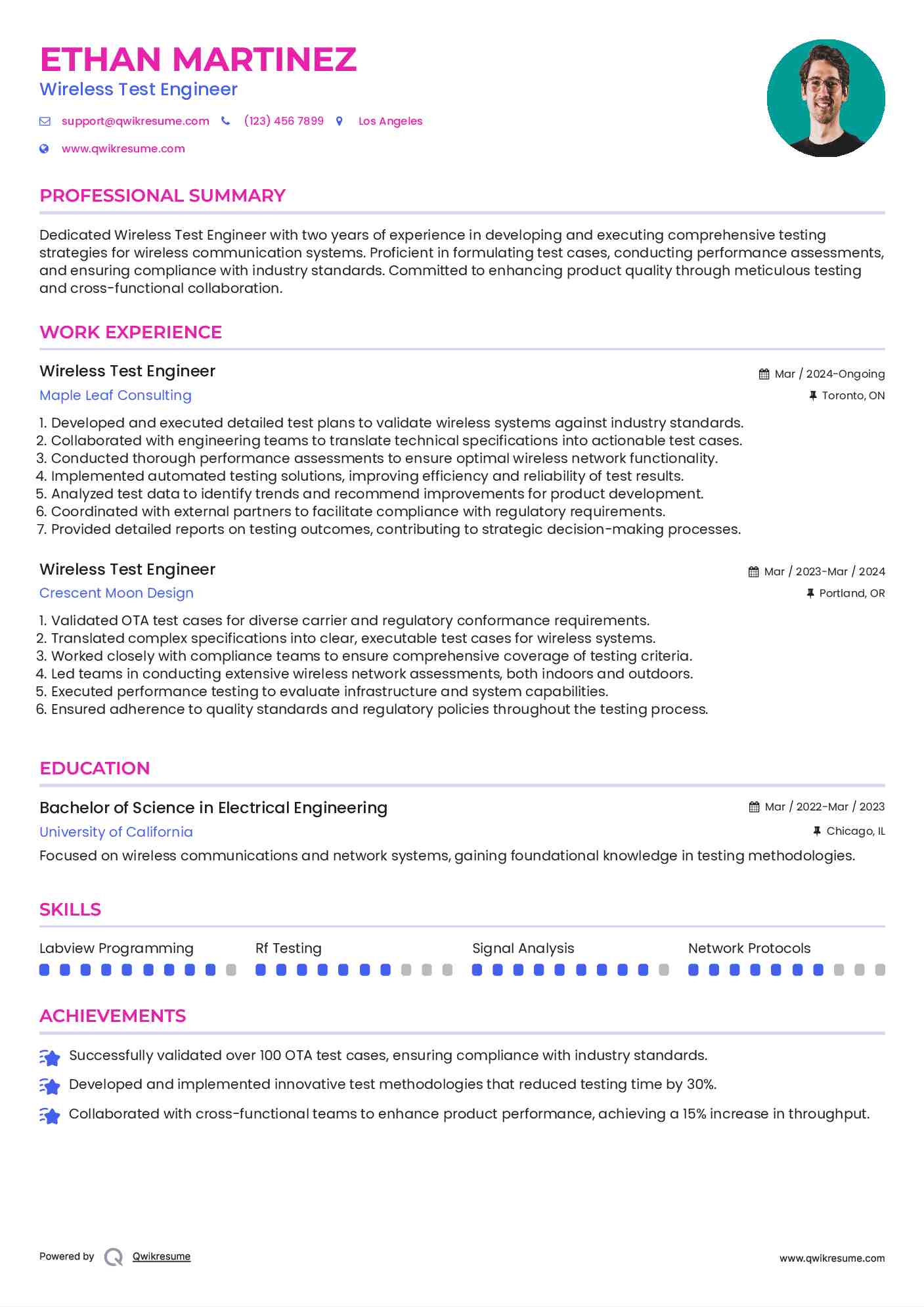 Wireless Test Engineer Resume Sample