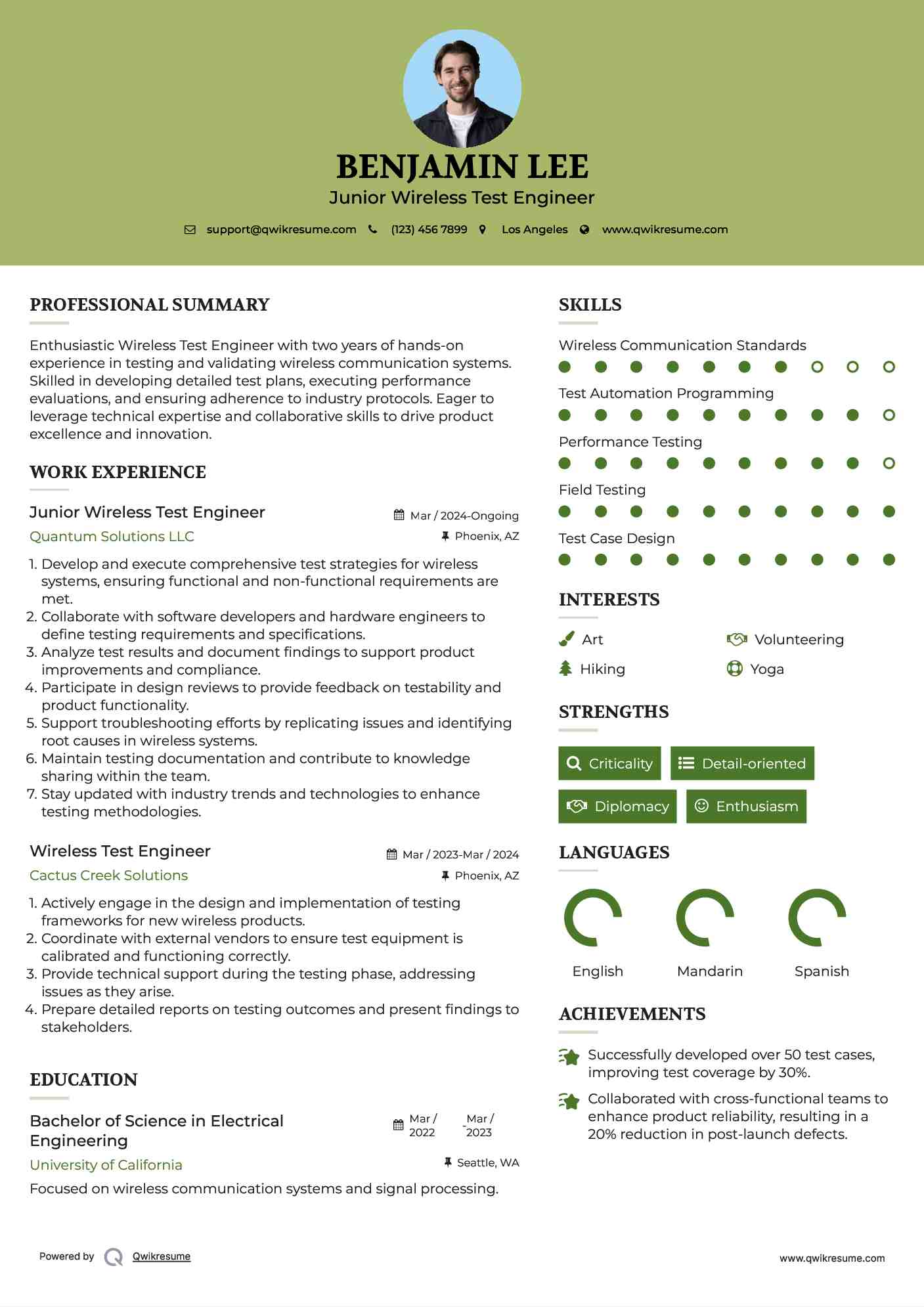 Junior Wireless Test Engineer Resume Example