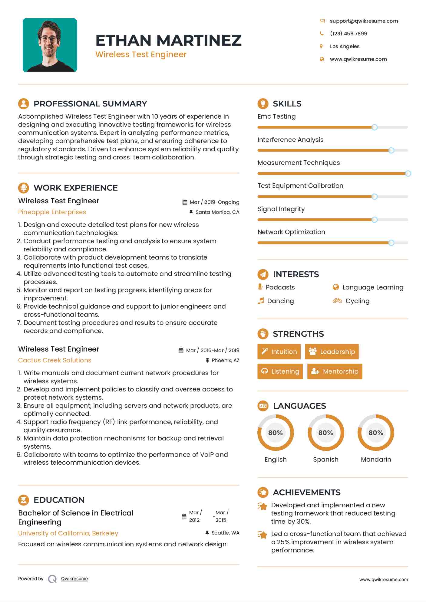 Wireless Test Engineer Resume Sample