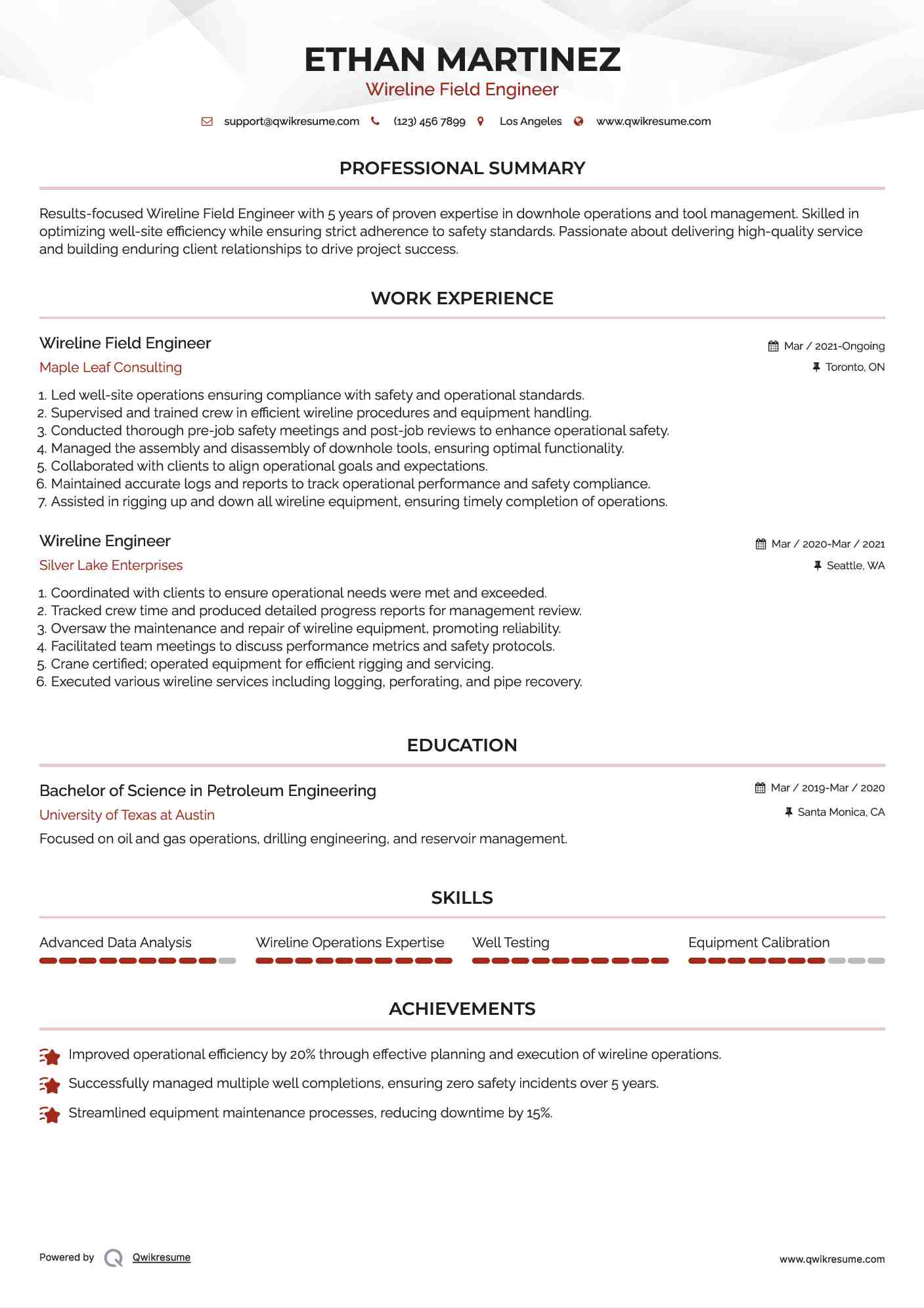 Wireline Engineer Resume Samples QwikResume
