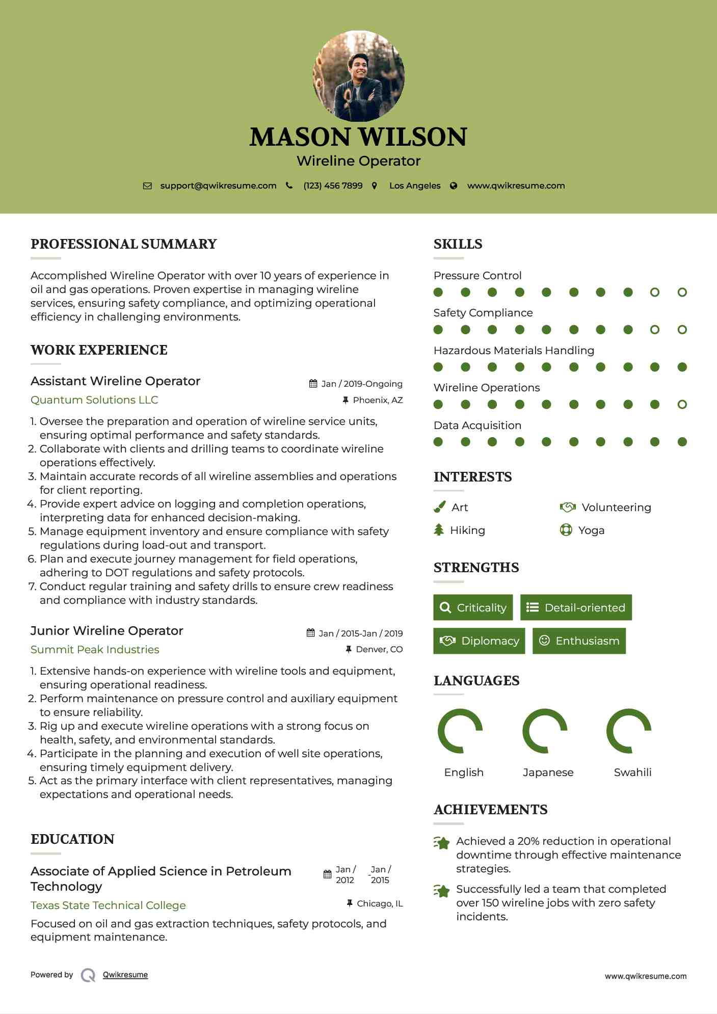 Assistant Wireline Operator Resume Template