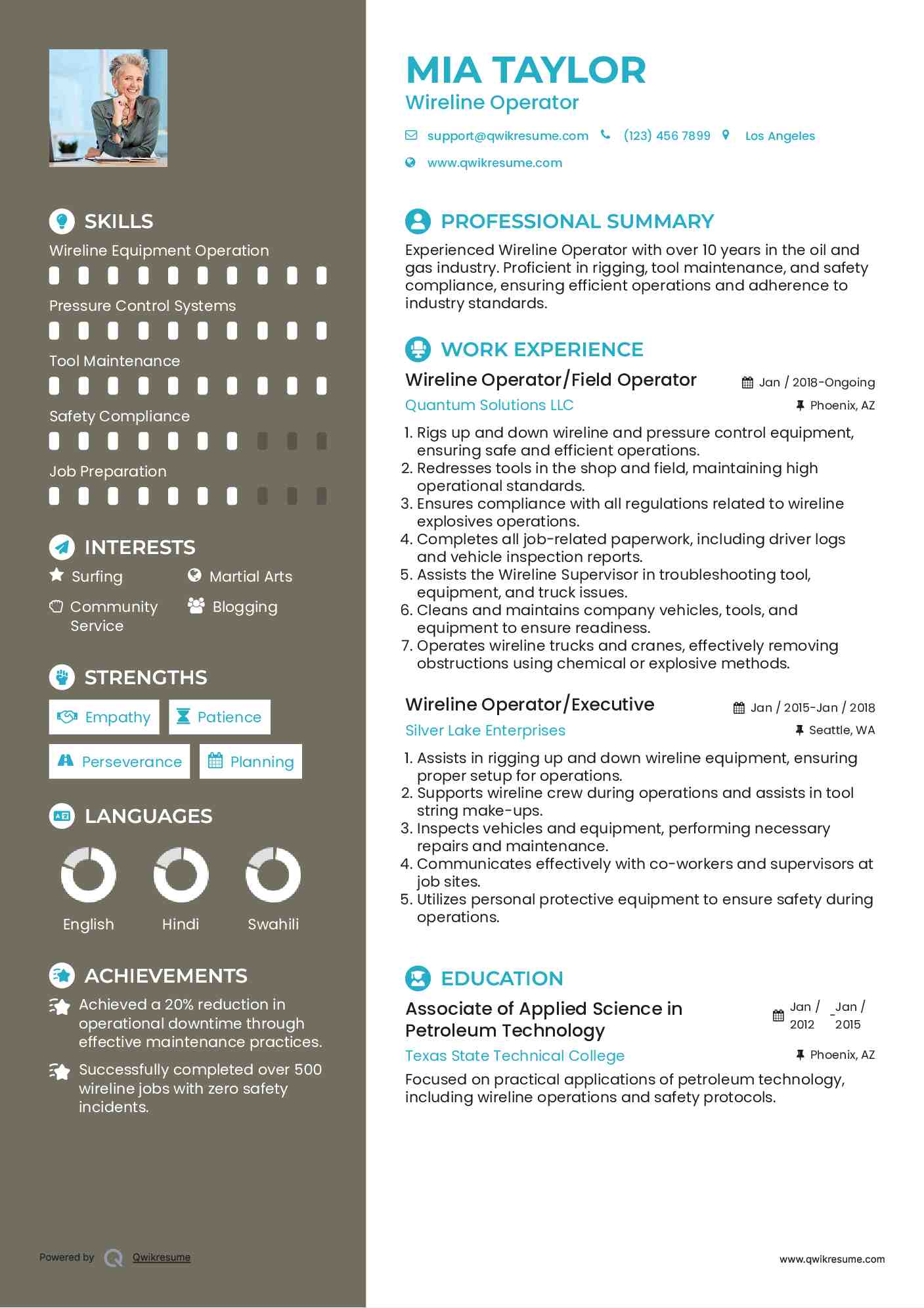 Wireline Operator/Field Operator Resume Example