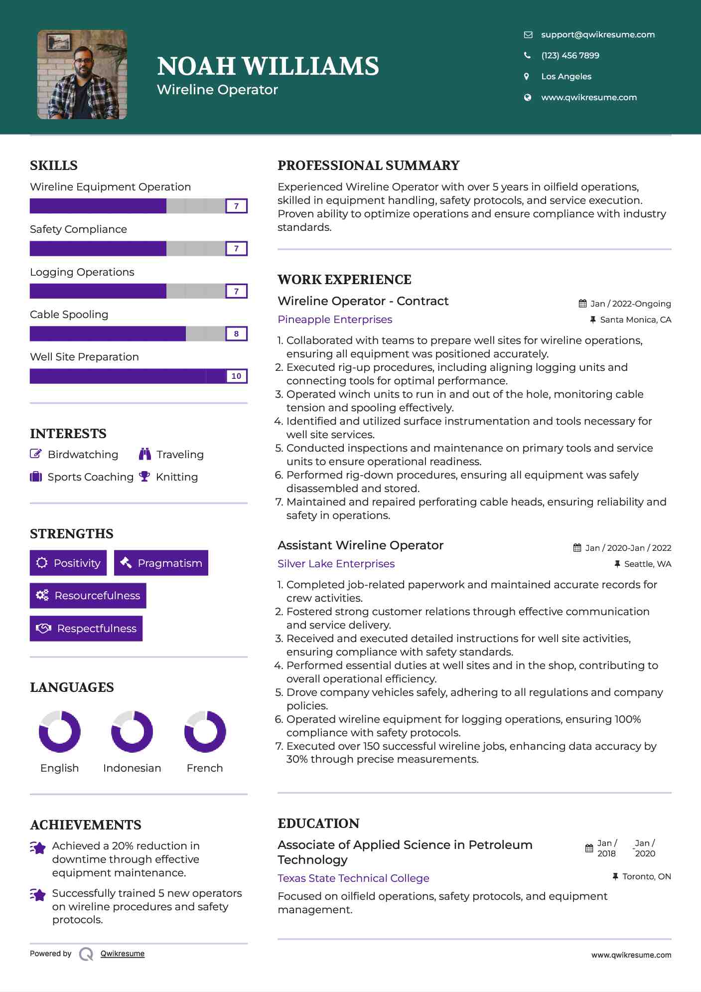 Wireline Operator - Contract Resume Template