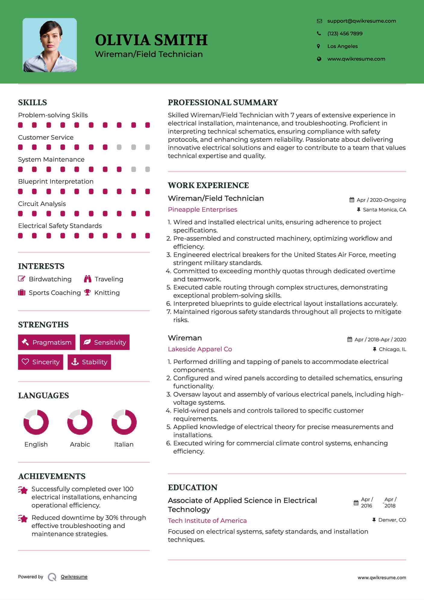 Wireman/Field Technician Resume Sample