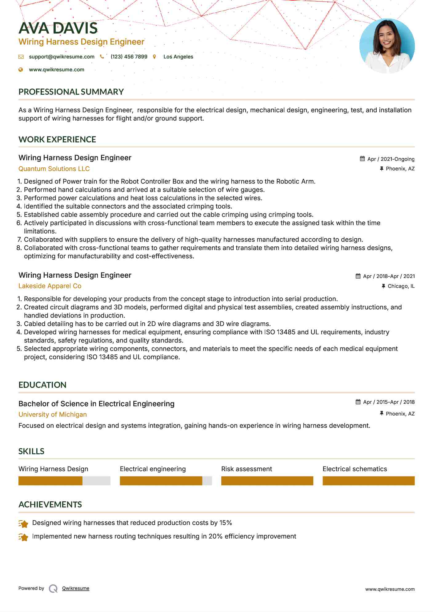Wiring Harness Design Engineer Resume Template
