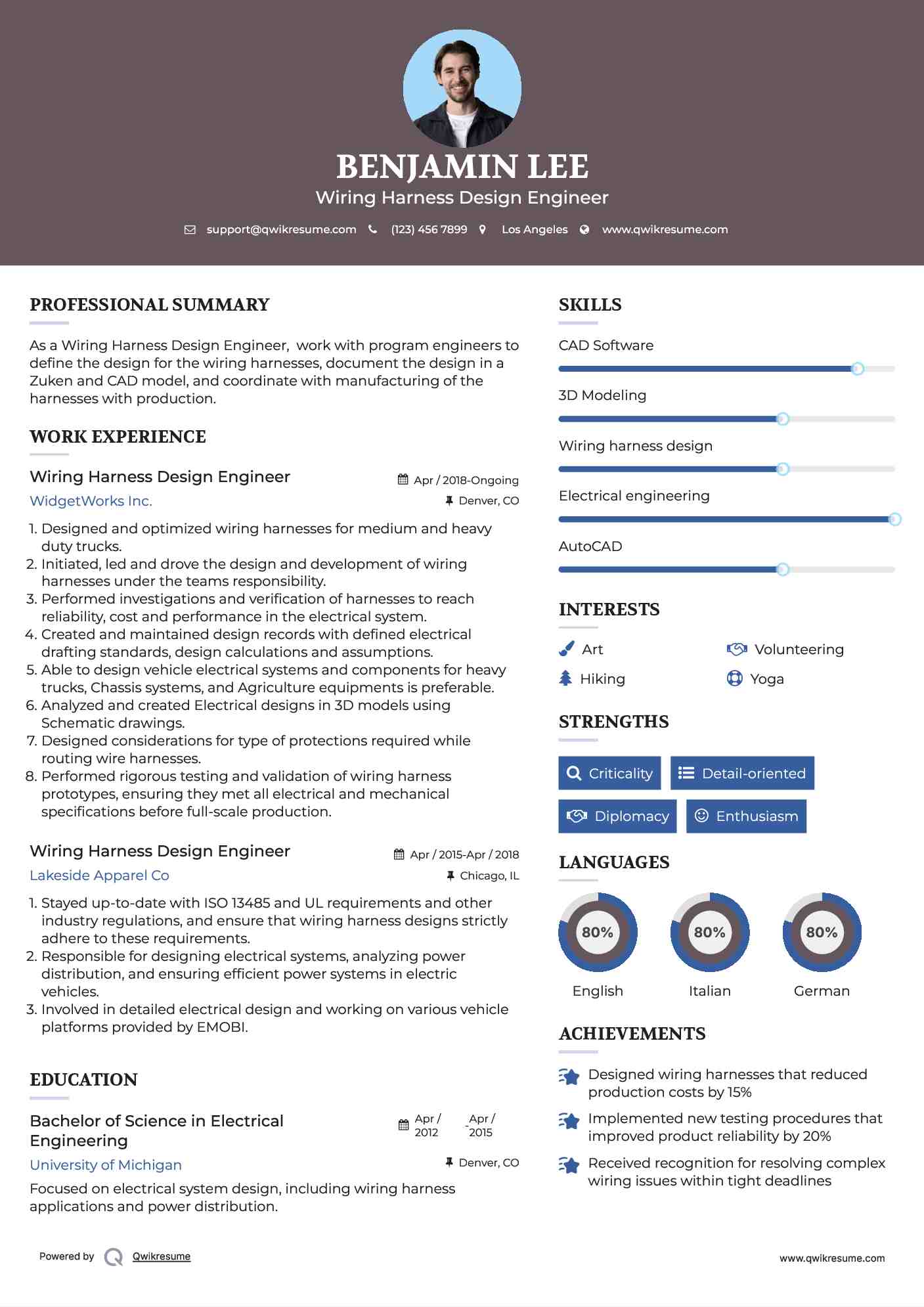 Wiring Harness Design Engineer Resume Example