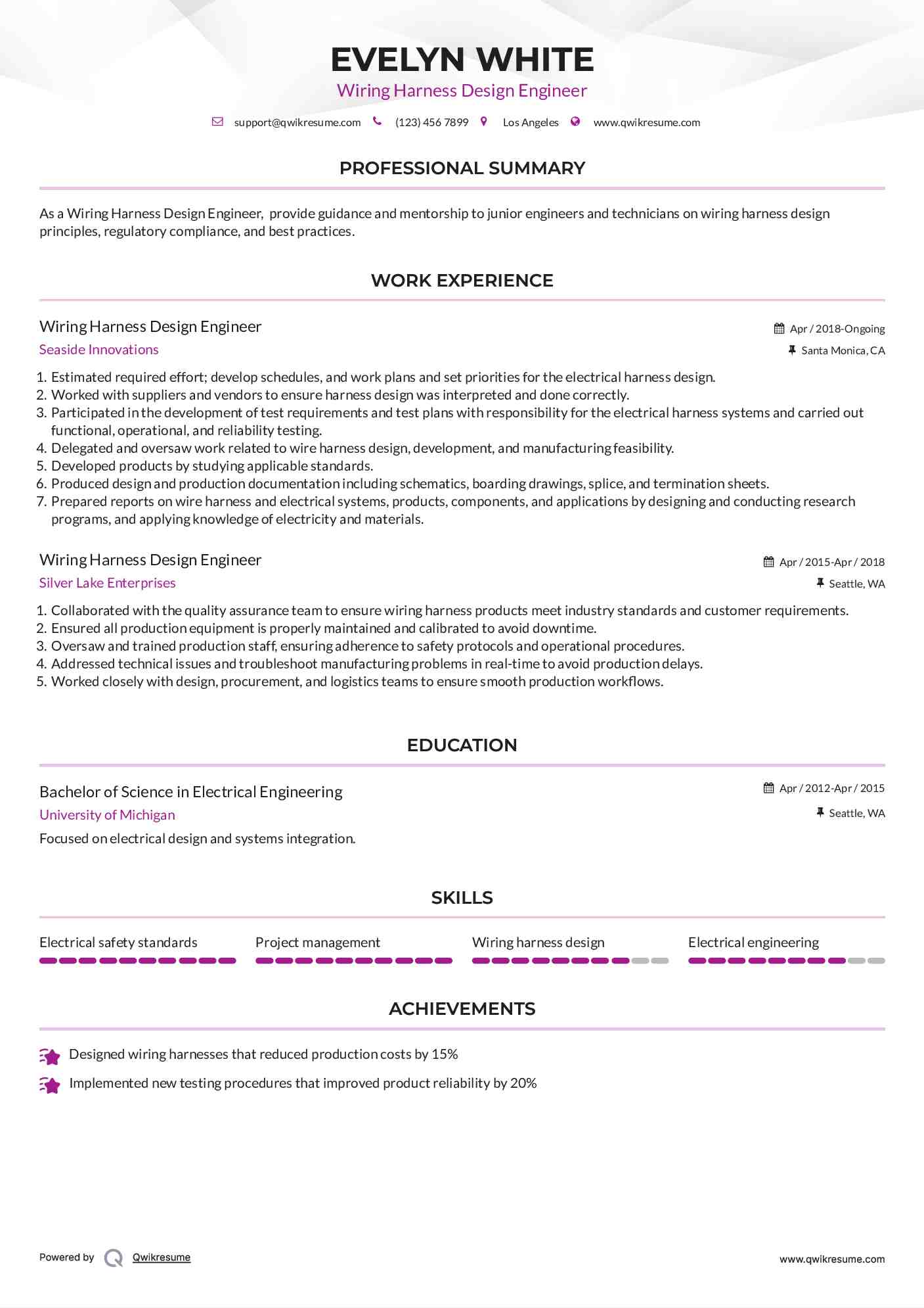 Wiring Harness Design Engineer Resume Model