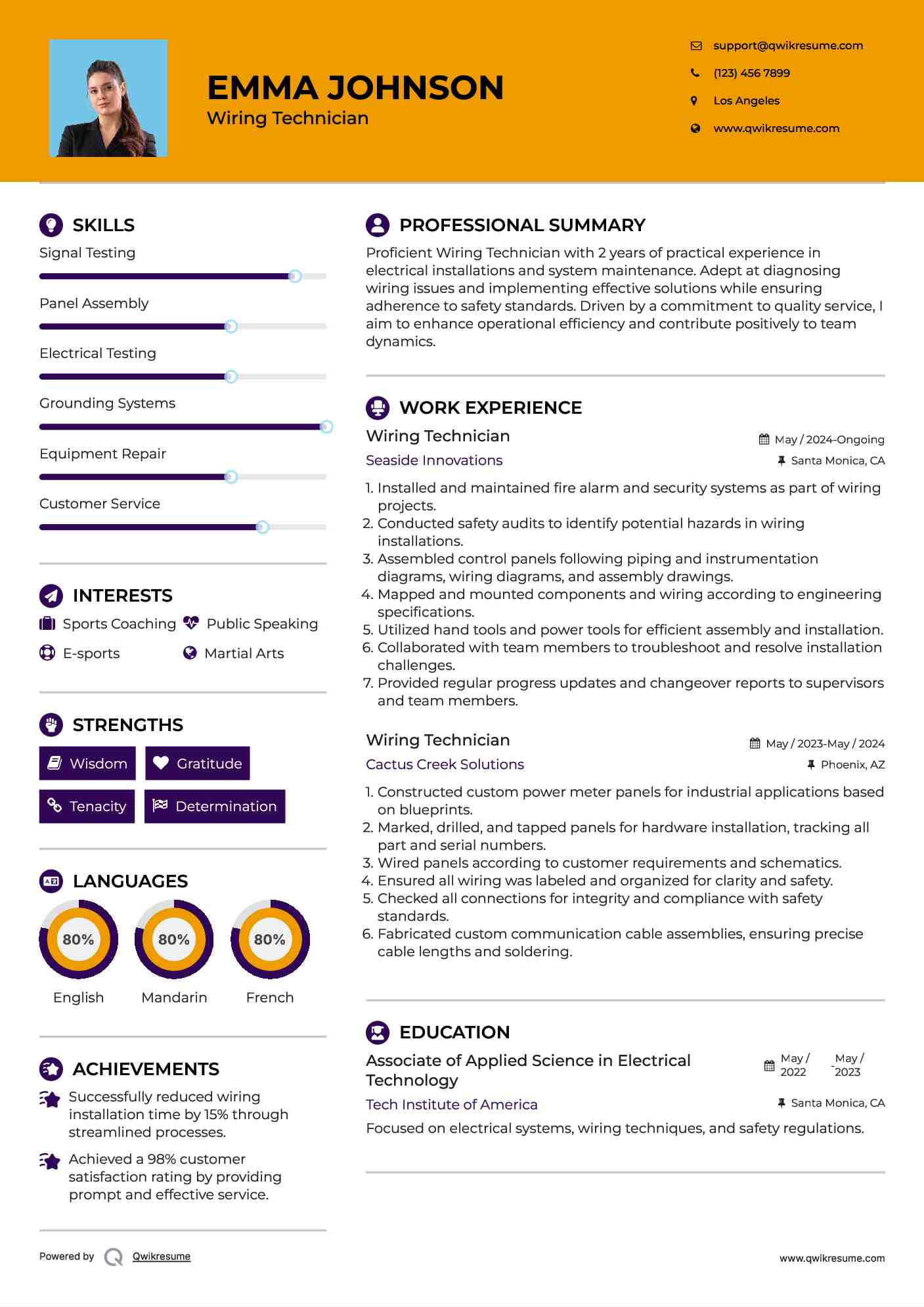 Wiring Technician Resume Sample