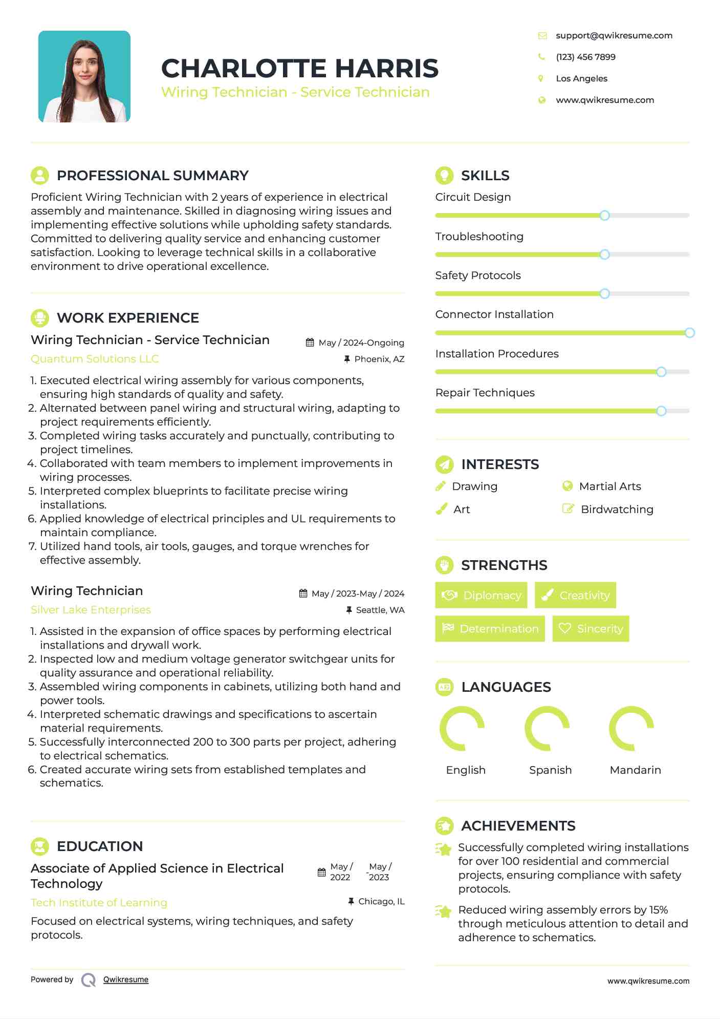 Wiring Technician - Service Technician Resume Sample
