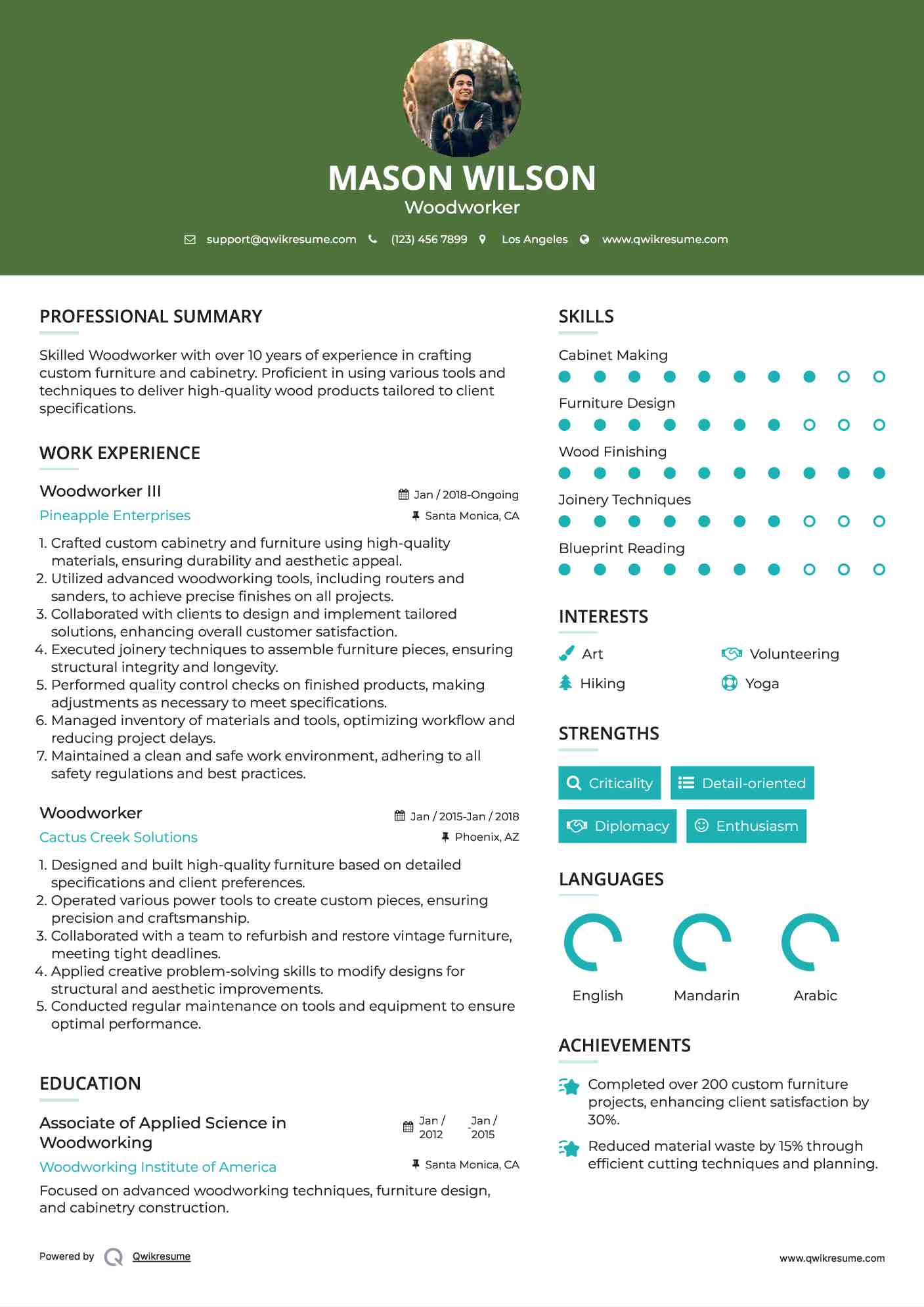 Woodworker III Resume Example