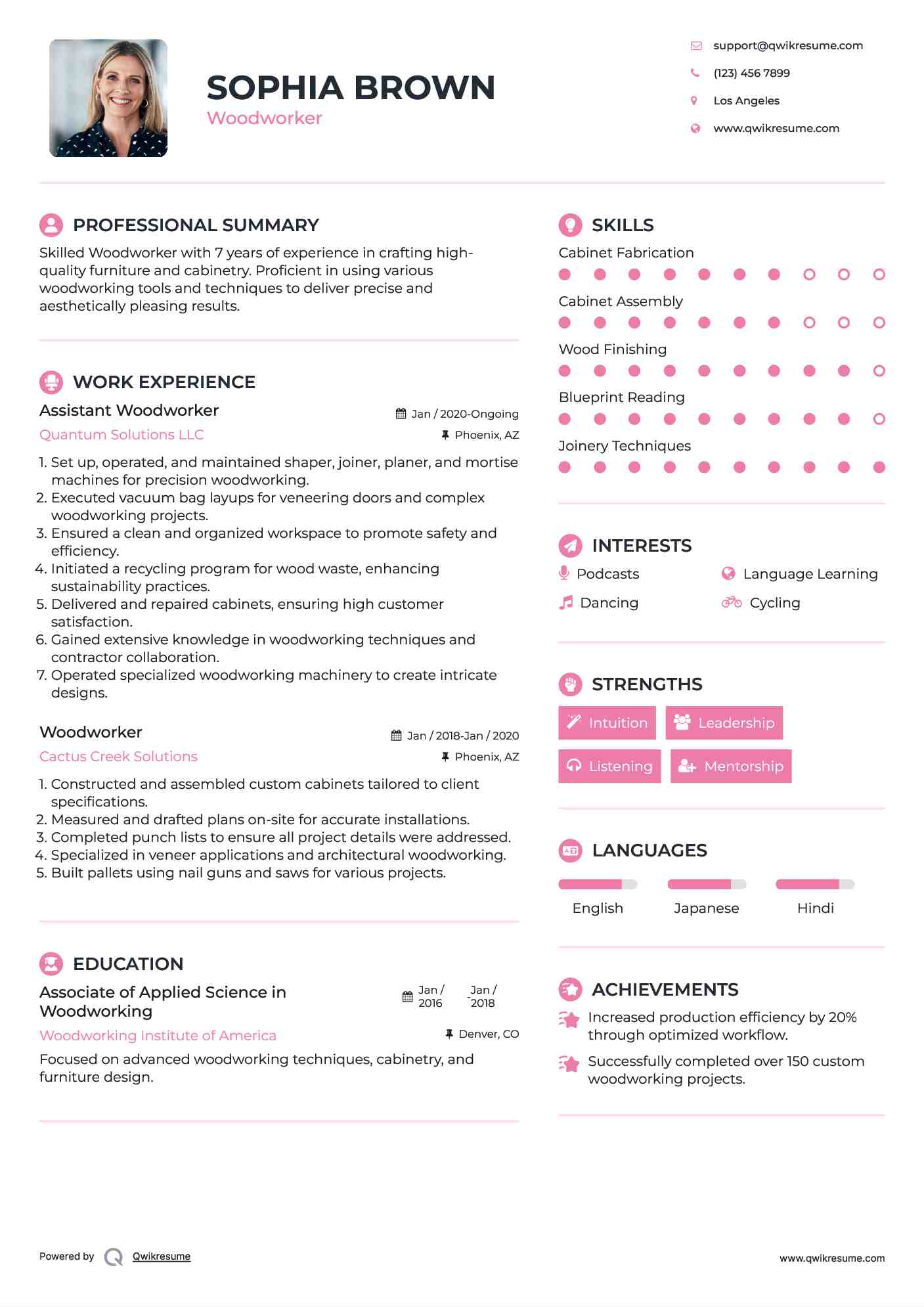 Assistant Woodworker Resume Sample