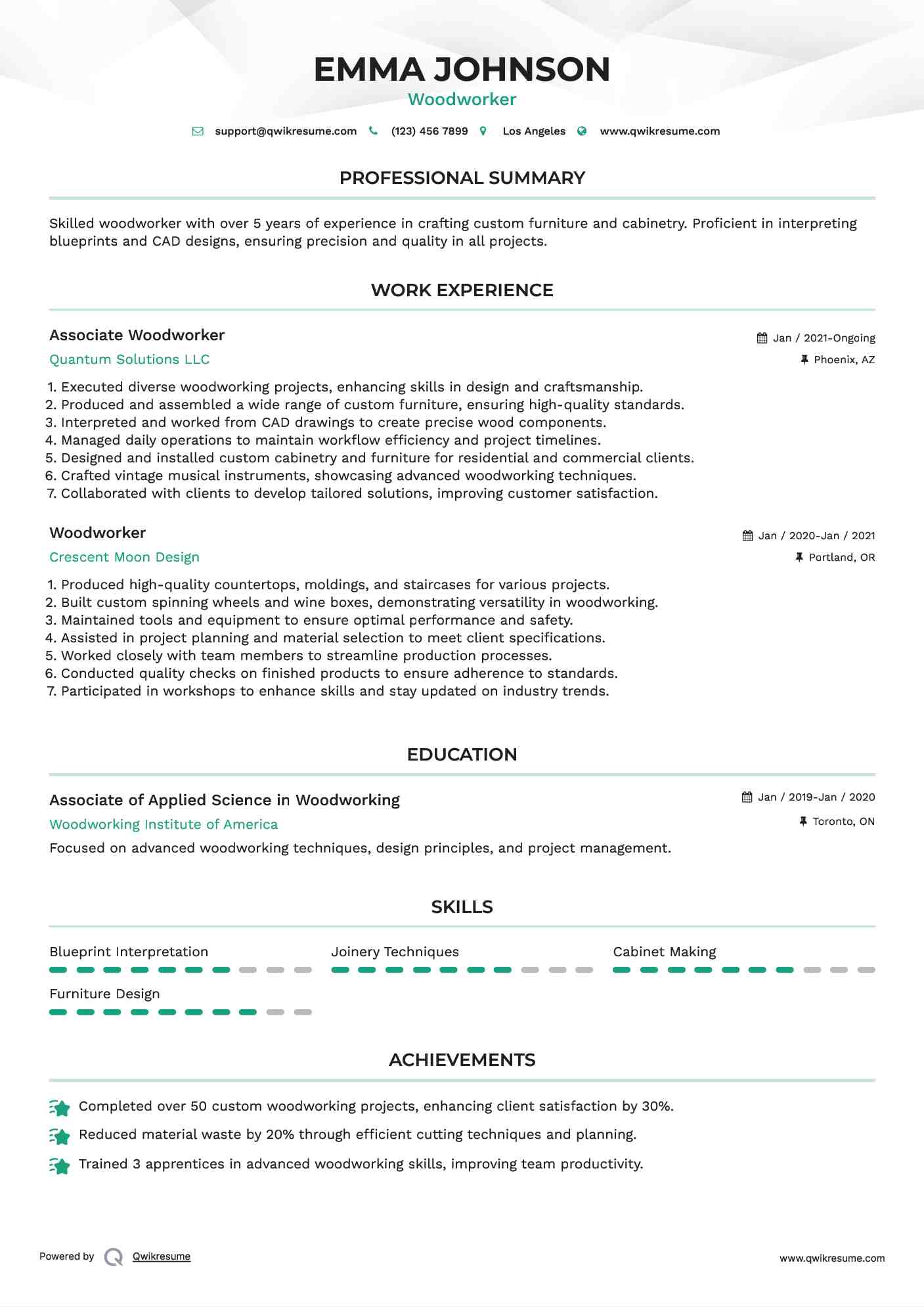 Associate Woodworker Resume Sample