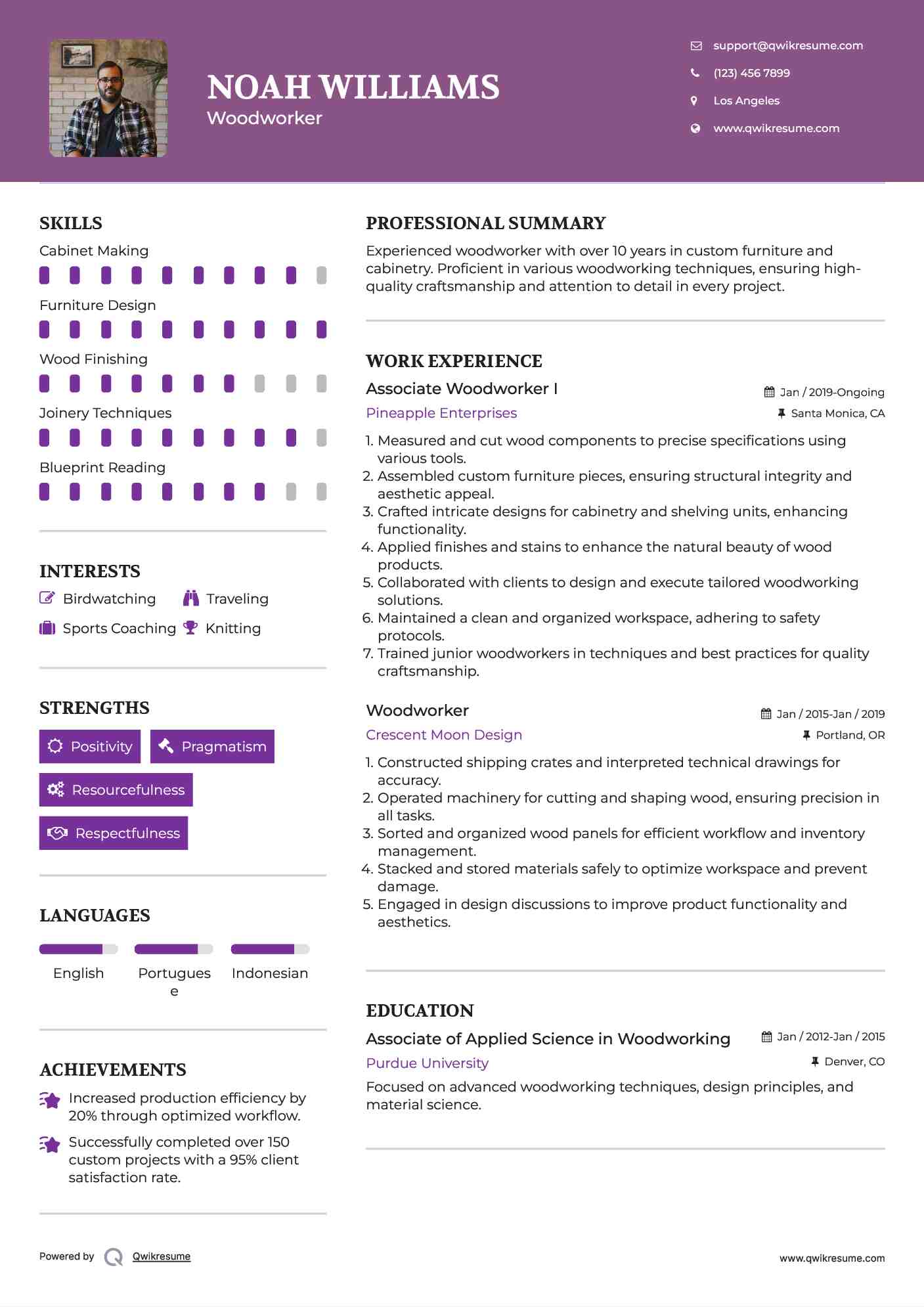 Associate Woodworker I Resume Example