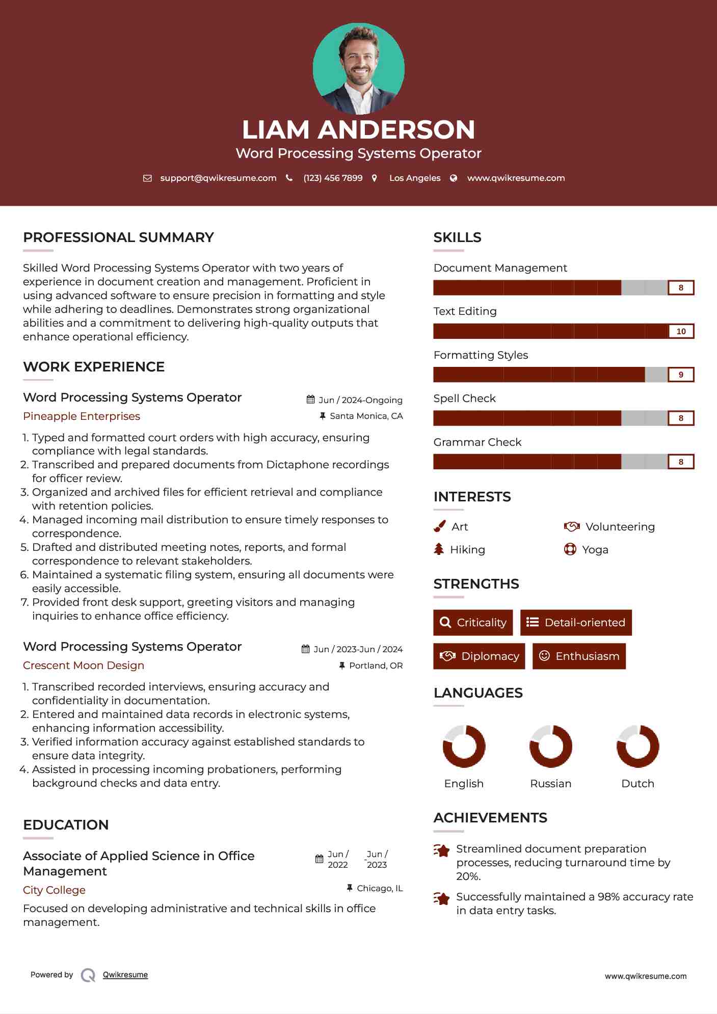 Word Processing Systems Operator Resume Sample