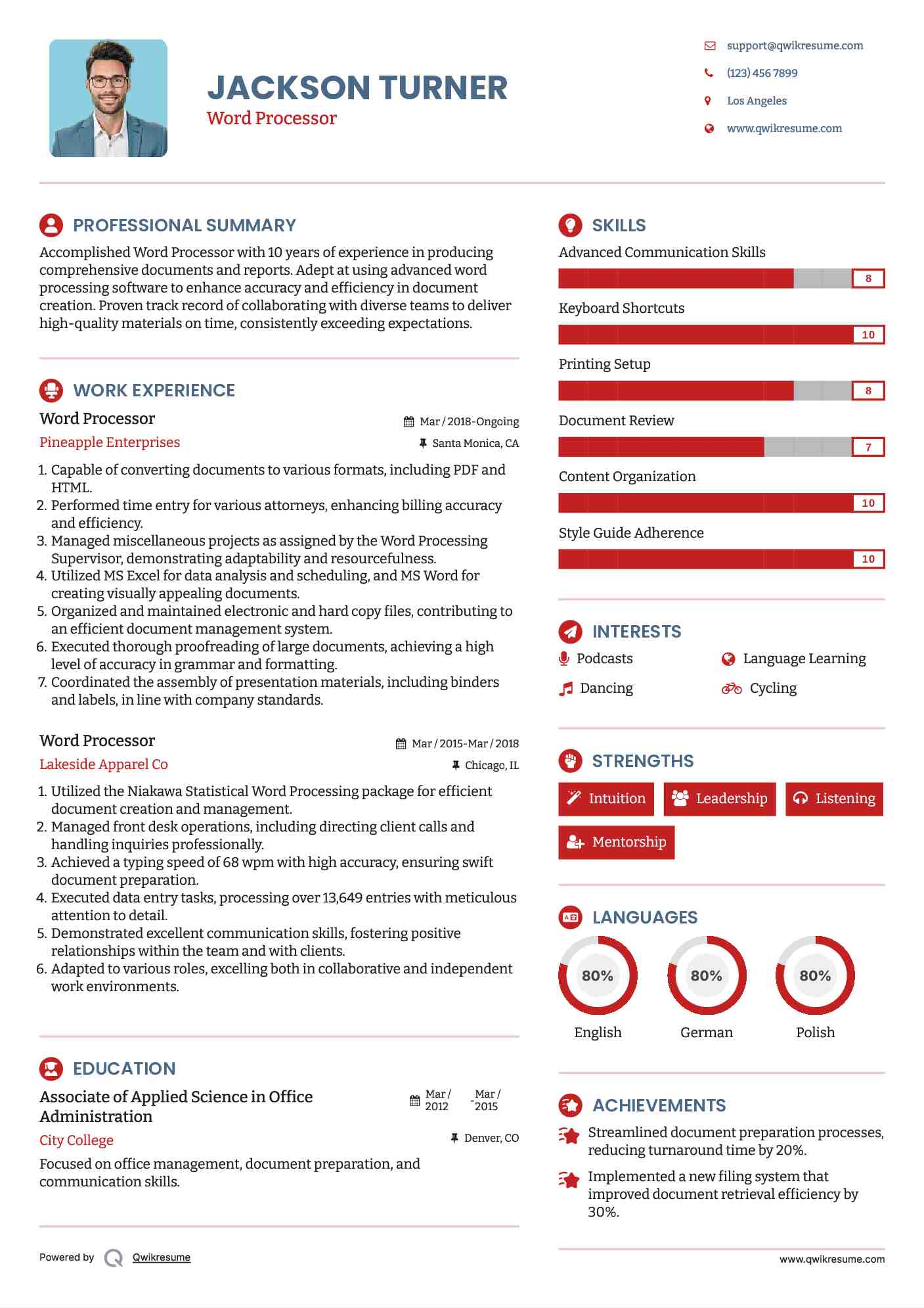 Word Processor/Representative Resume Model