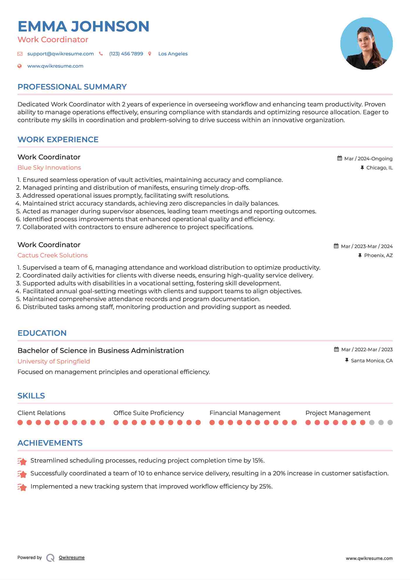 Work Coordinator Resume Example