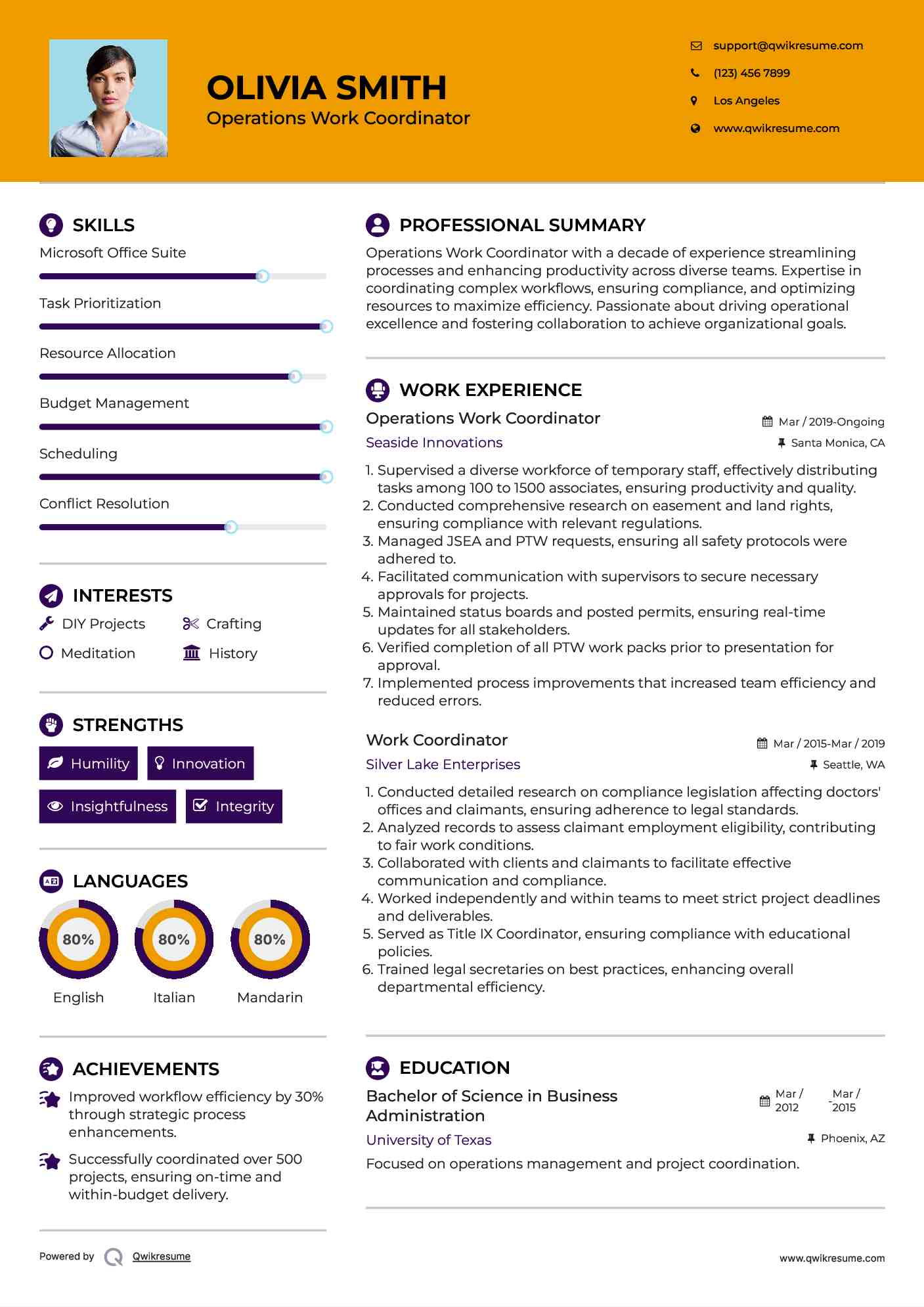 Operations Work Coordinator Resume Example