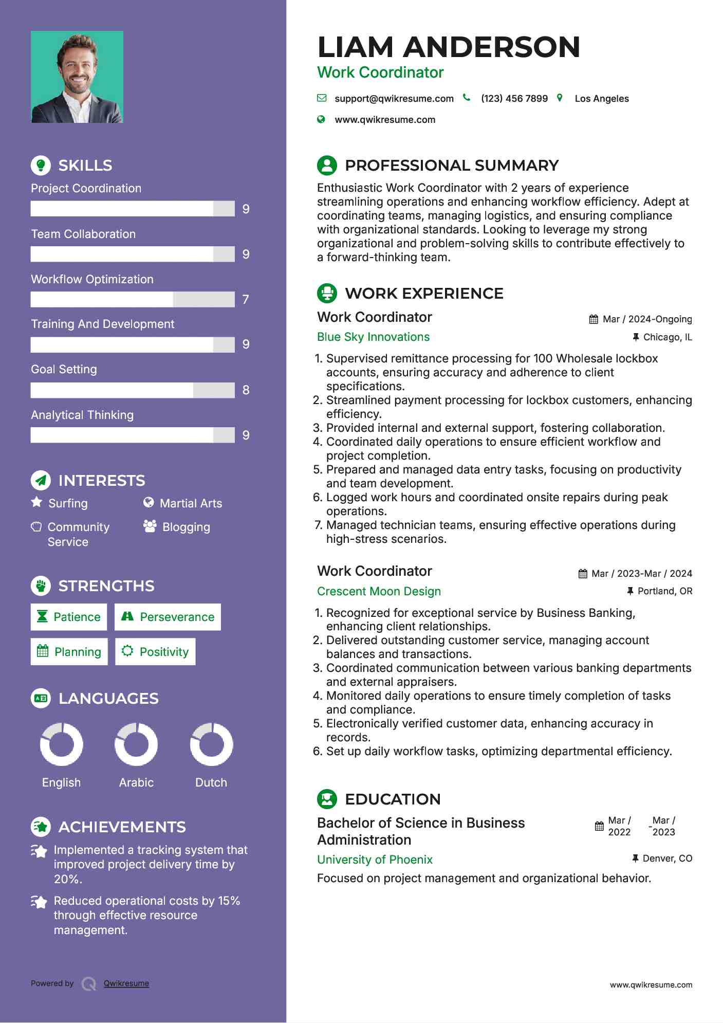 Work Coordinator Resume Sample