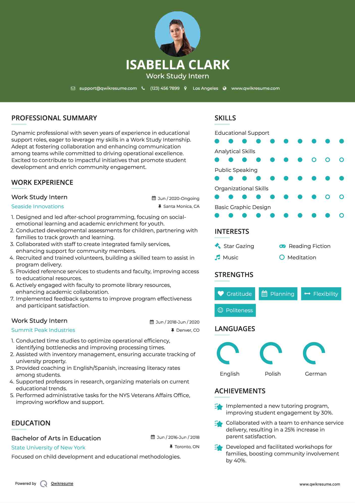 Work Study Intern Resume Template