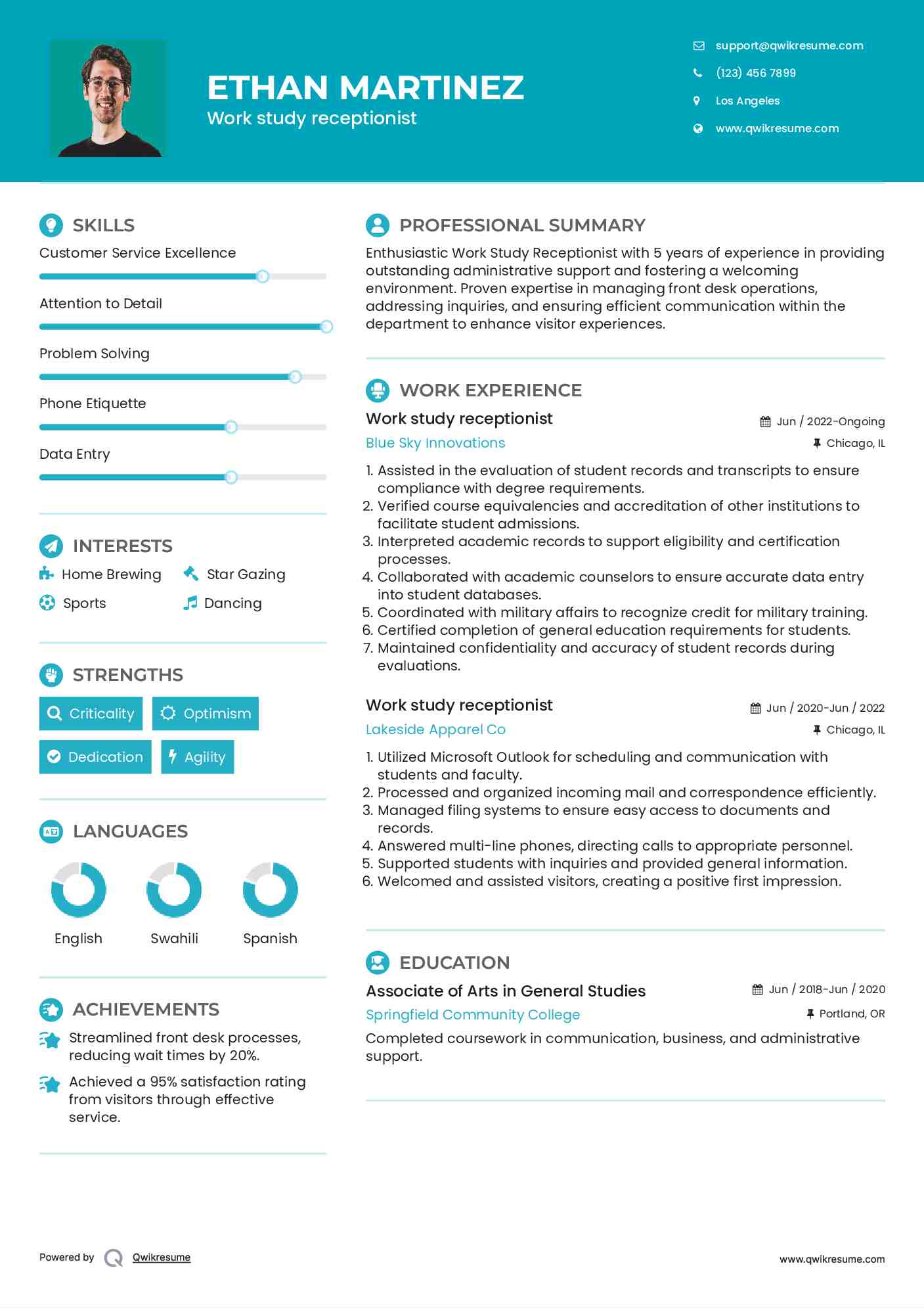 Work study receptionist Resume Format