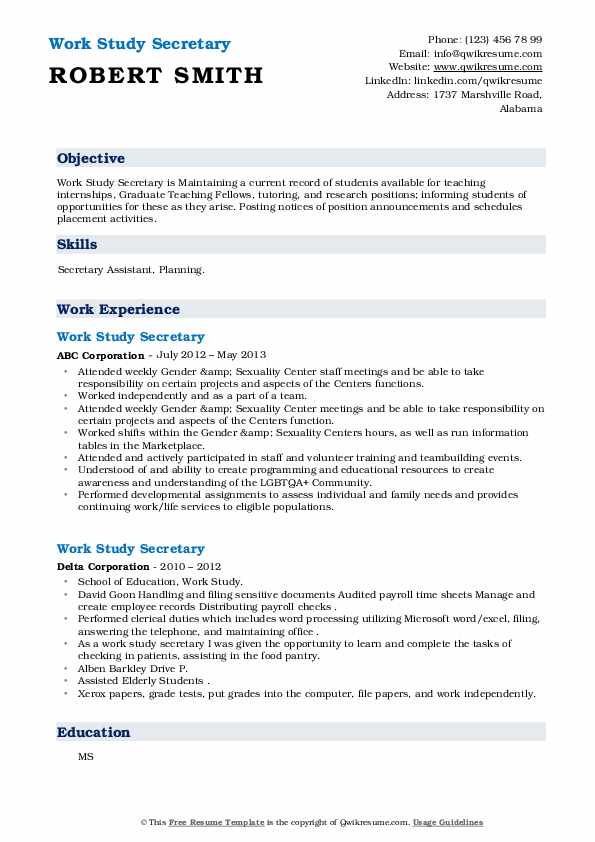 Work Study Secretary Resume Samples QwikResume
