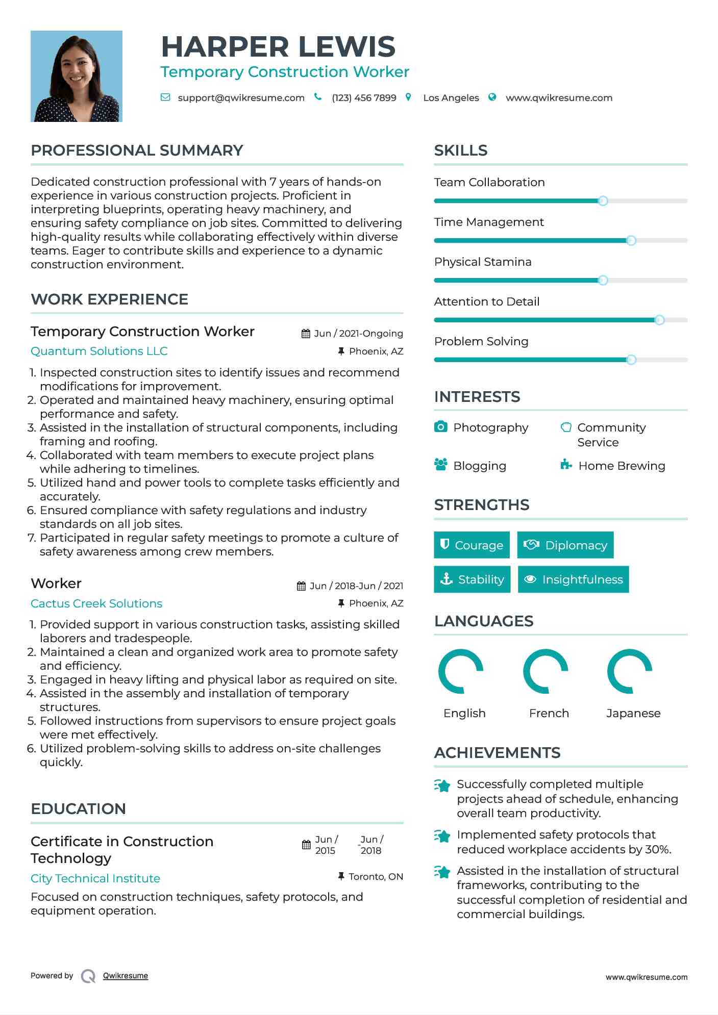 Temporary Construction Worker Resume Model